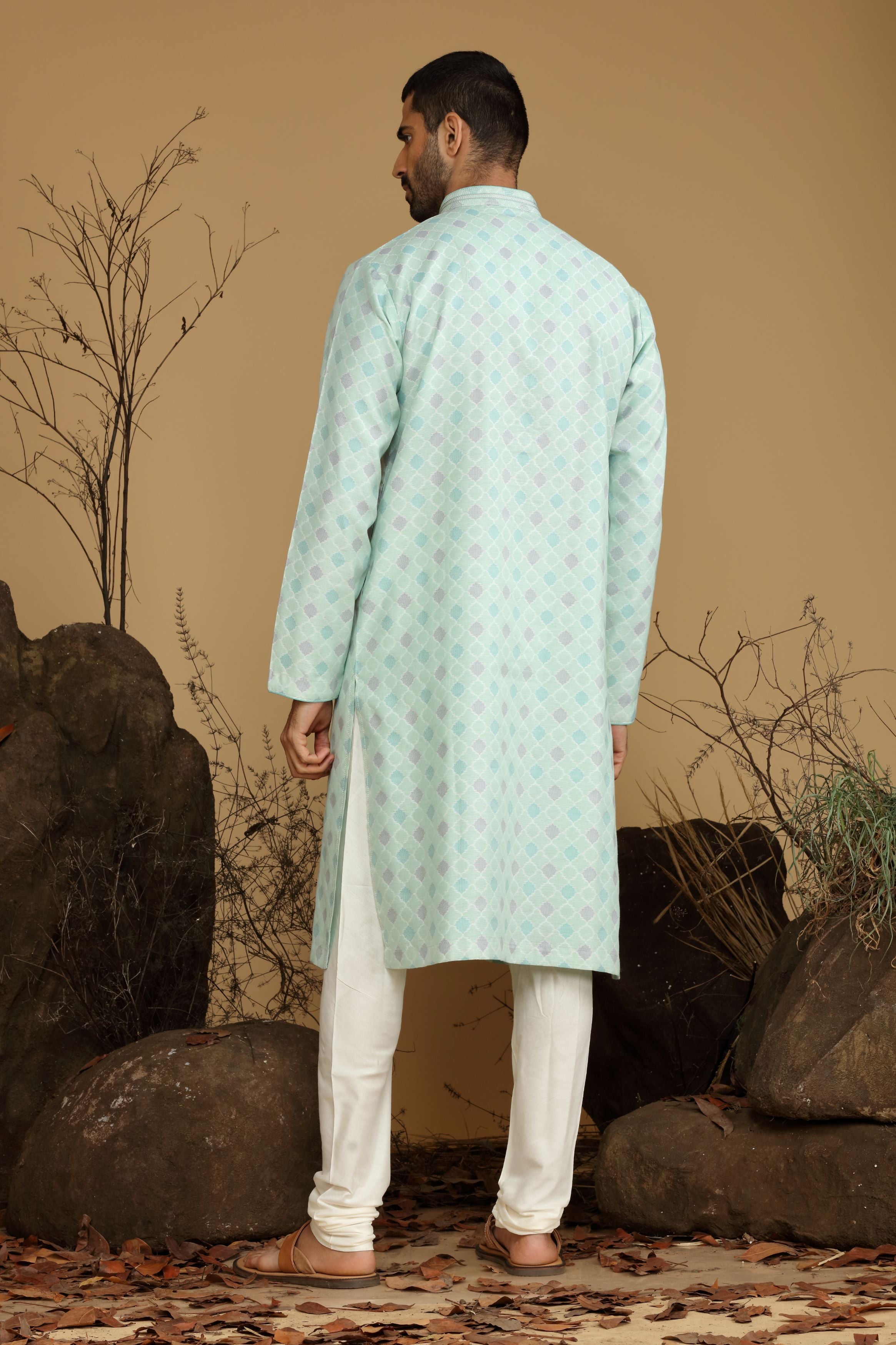 Pastel Green Printed Silk Kurta Set  Designed by Kora (Nilesh Mitesh)