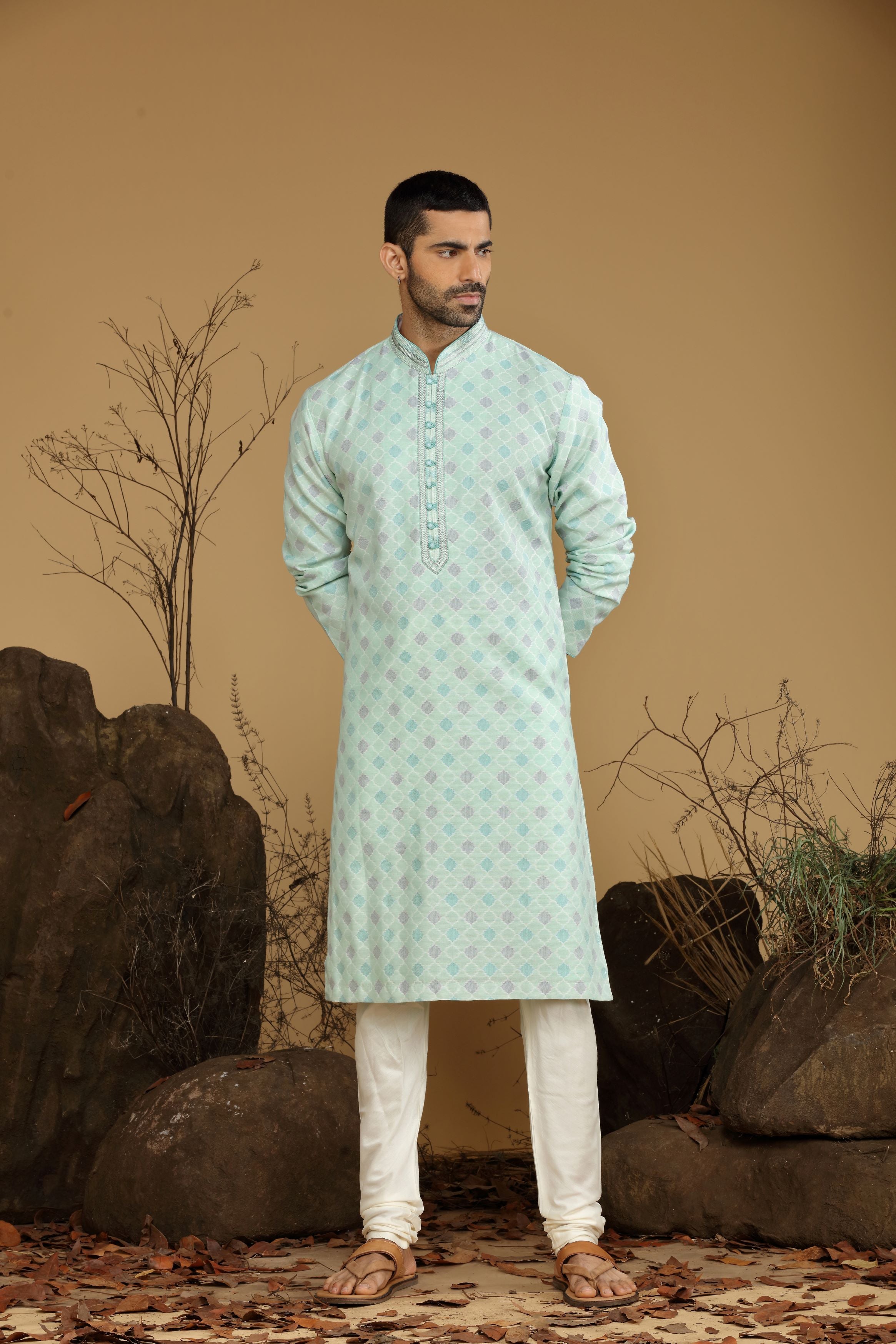 Pastel Green Printed Silk Kurta Set  Designed by Kora (Nilesh Mitesh)