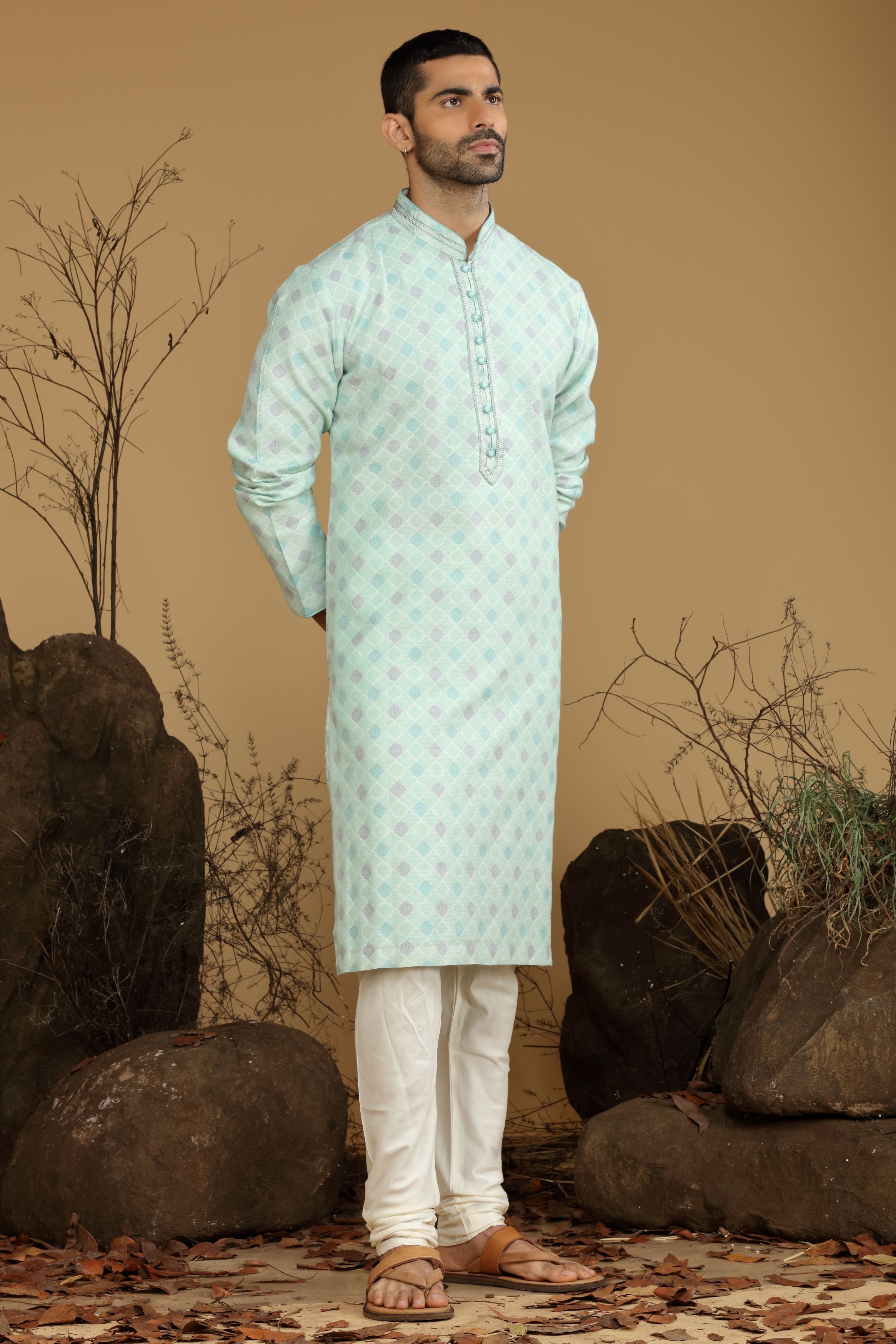 Pastel Green Printed Silk Kurta Set  Designed by Kora (Nilesh Mitesh)