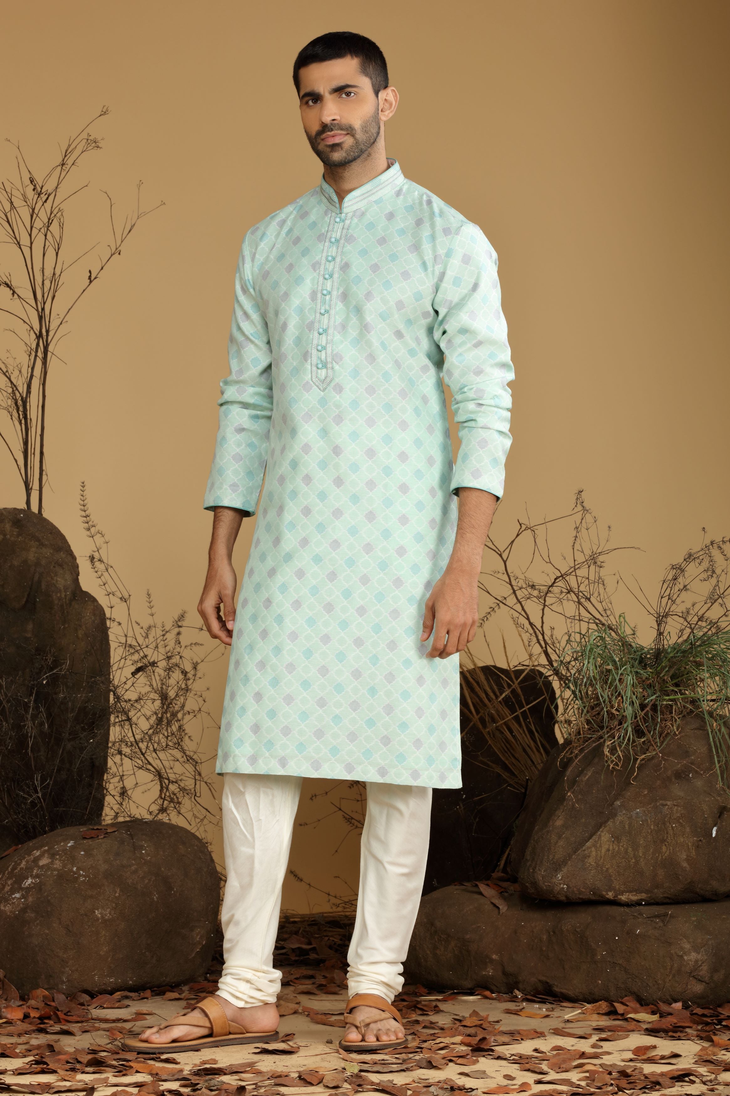 Pastel Green Printed Silk Kurta Set  Designed by Kora (Nilesh Mitesh)