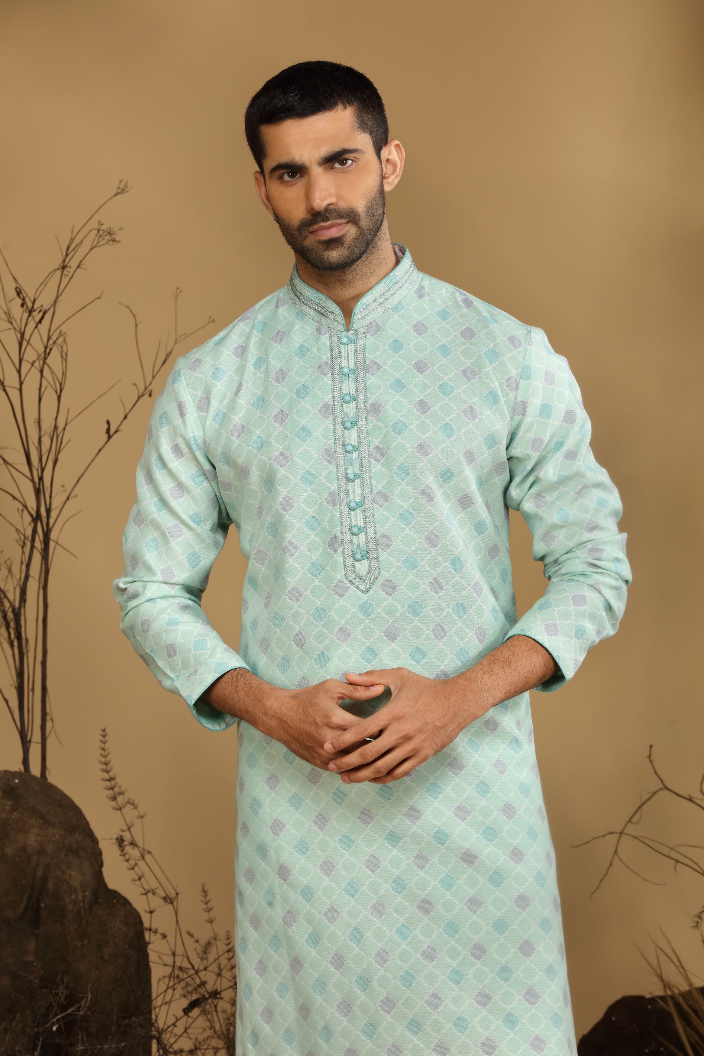 Pastel Green Printed Silk Kurta Set  Designed by Kora (Nilesh Mitesh)