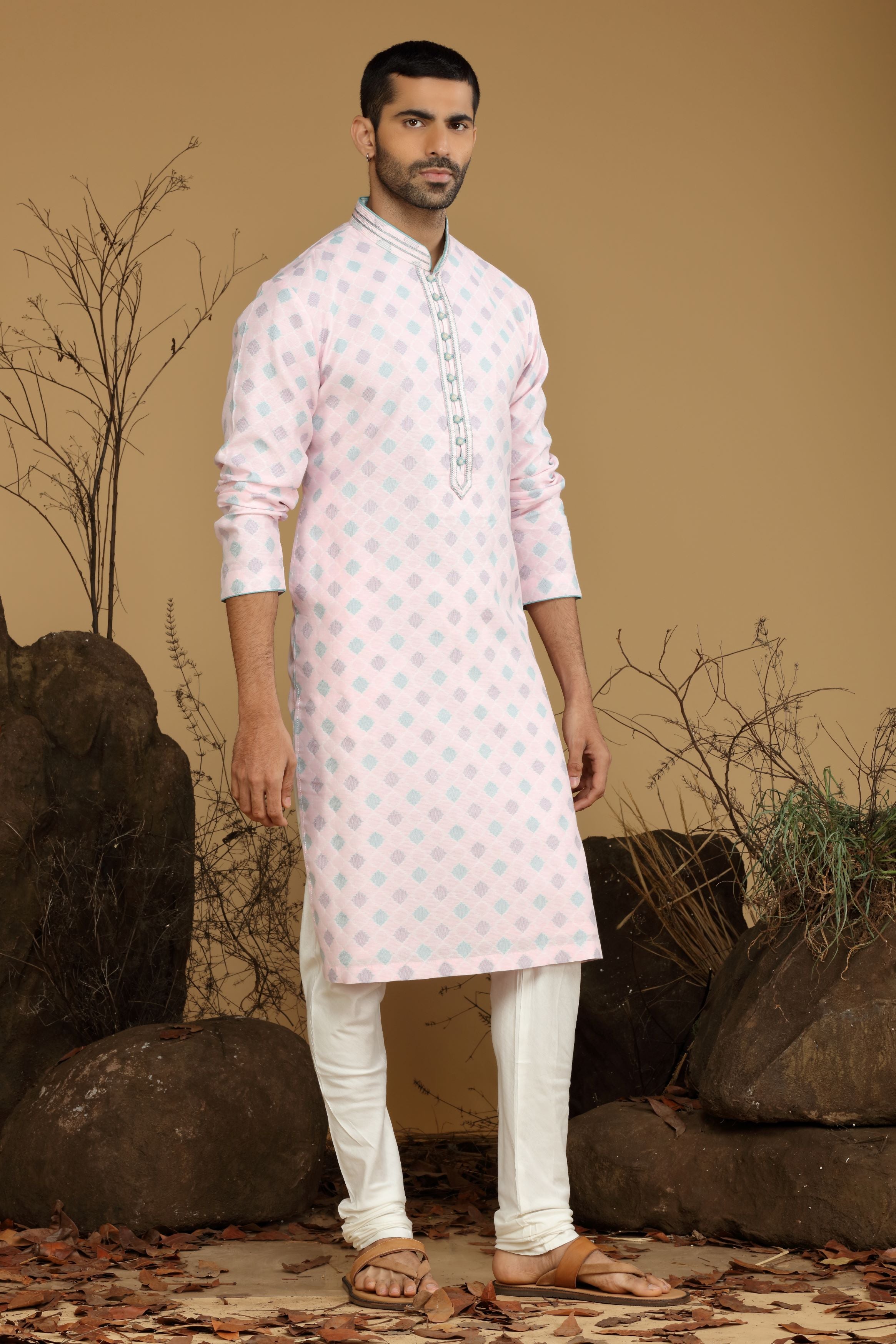 Bright Pink Printed Silk Kurta Set  Designed by Kora (Nilesh Mitesh)