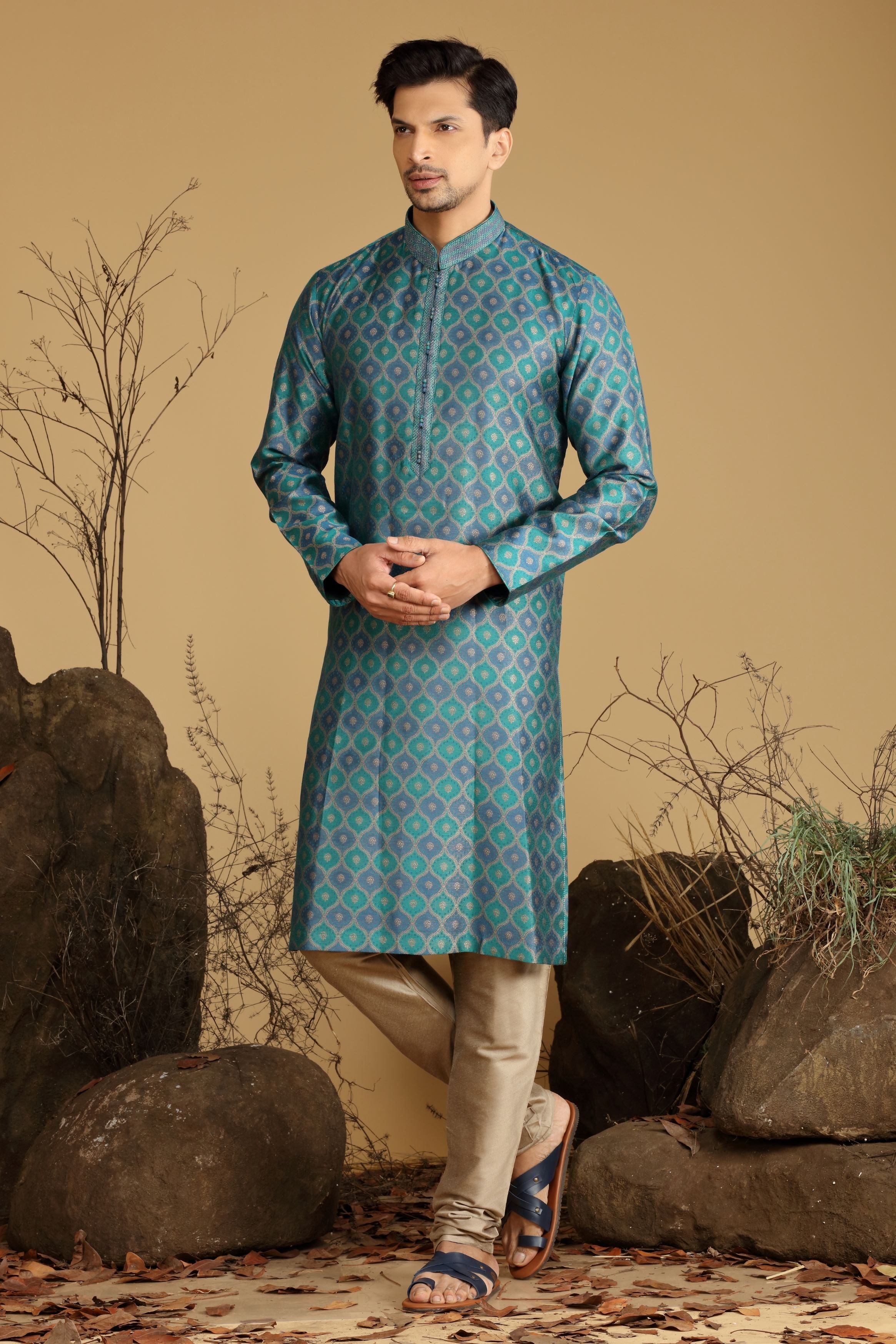 Green Printed Silk Kurta Set  Designed by Kora (Nilesh Mitesh)