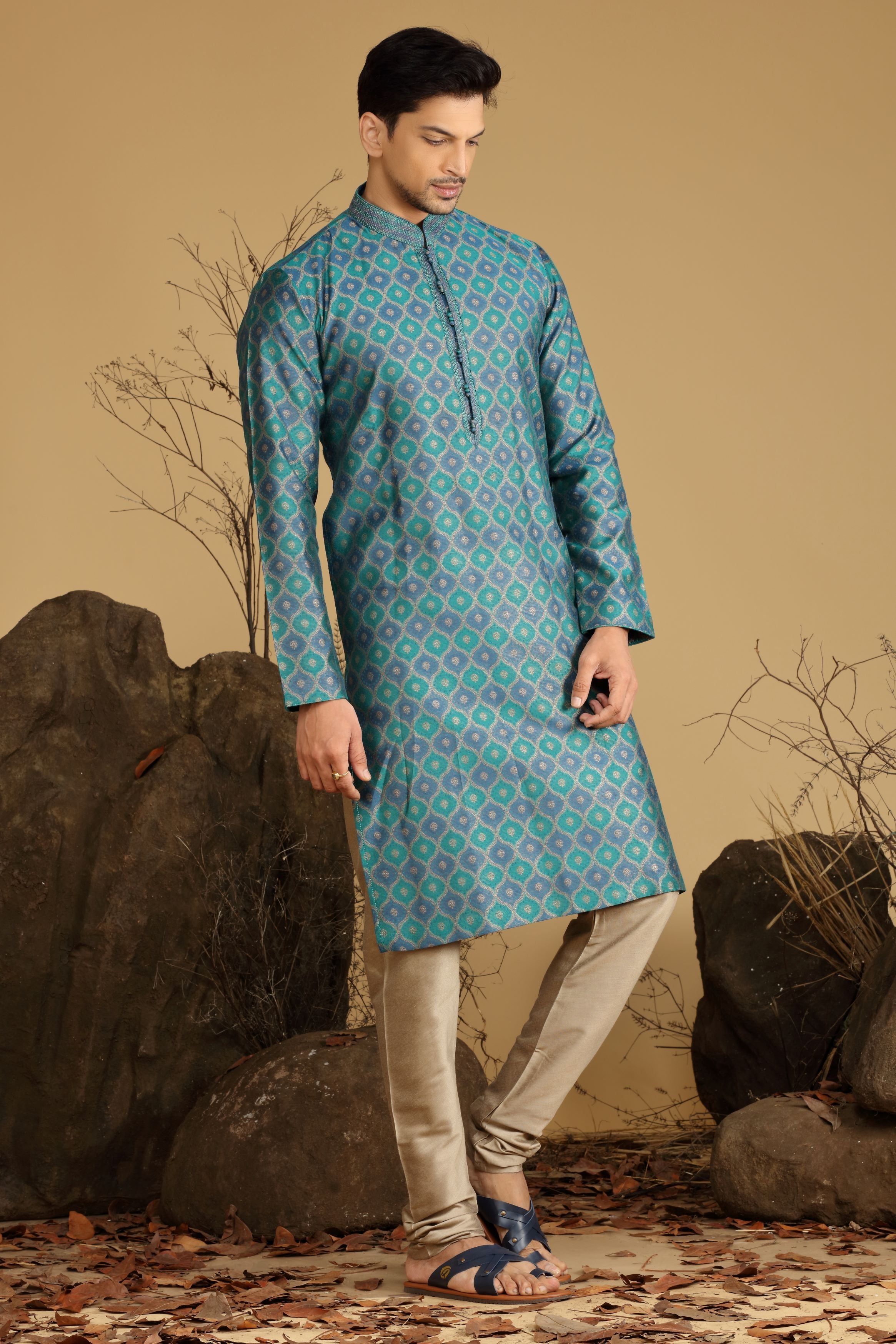 Green Printed Silk Kurta Set  Designed by Kora (Nilesh Mitesh)