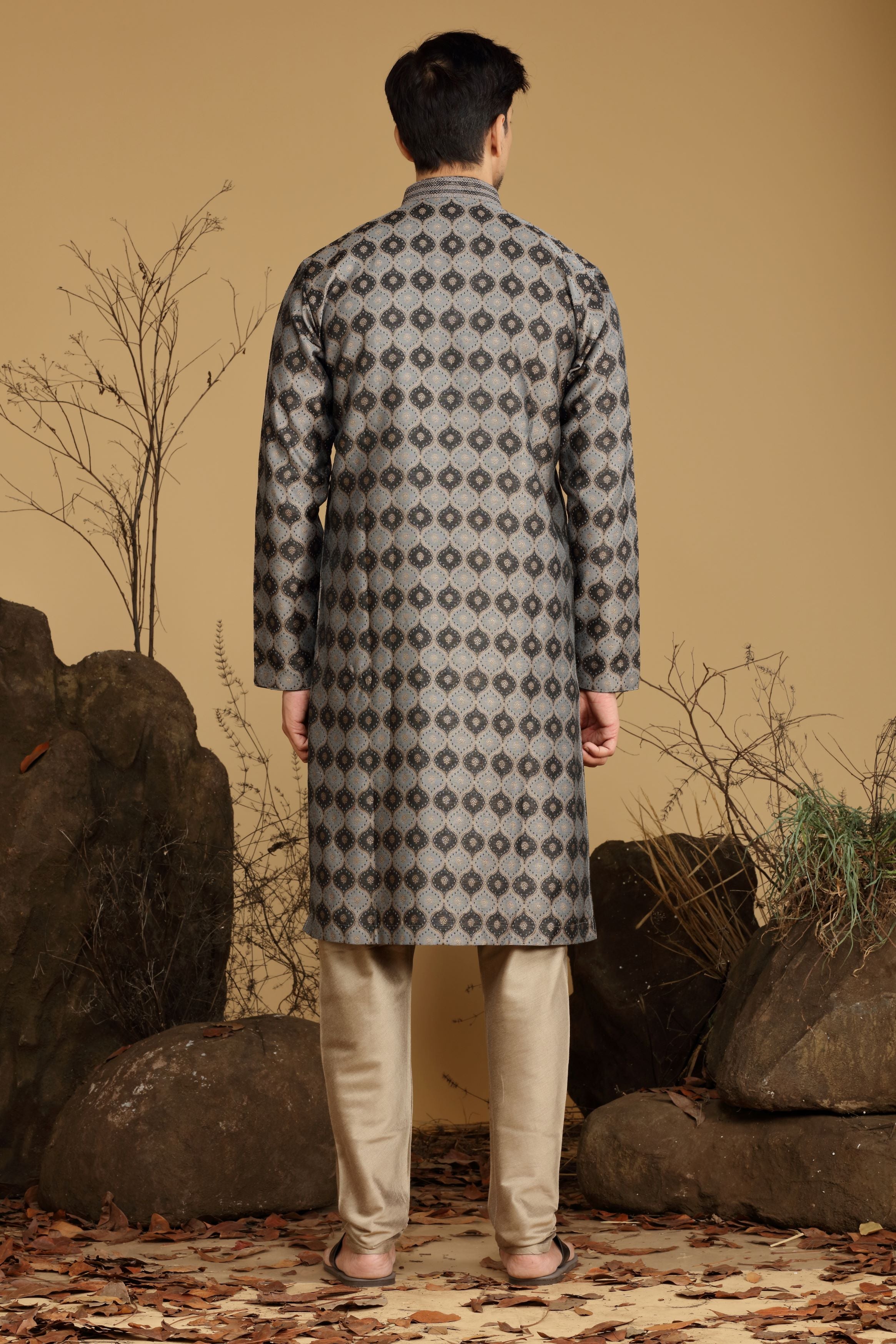 Grey Printed Silk Kurta Set Designed by Kora (Nilesh Mitesh)