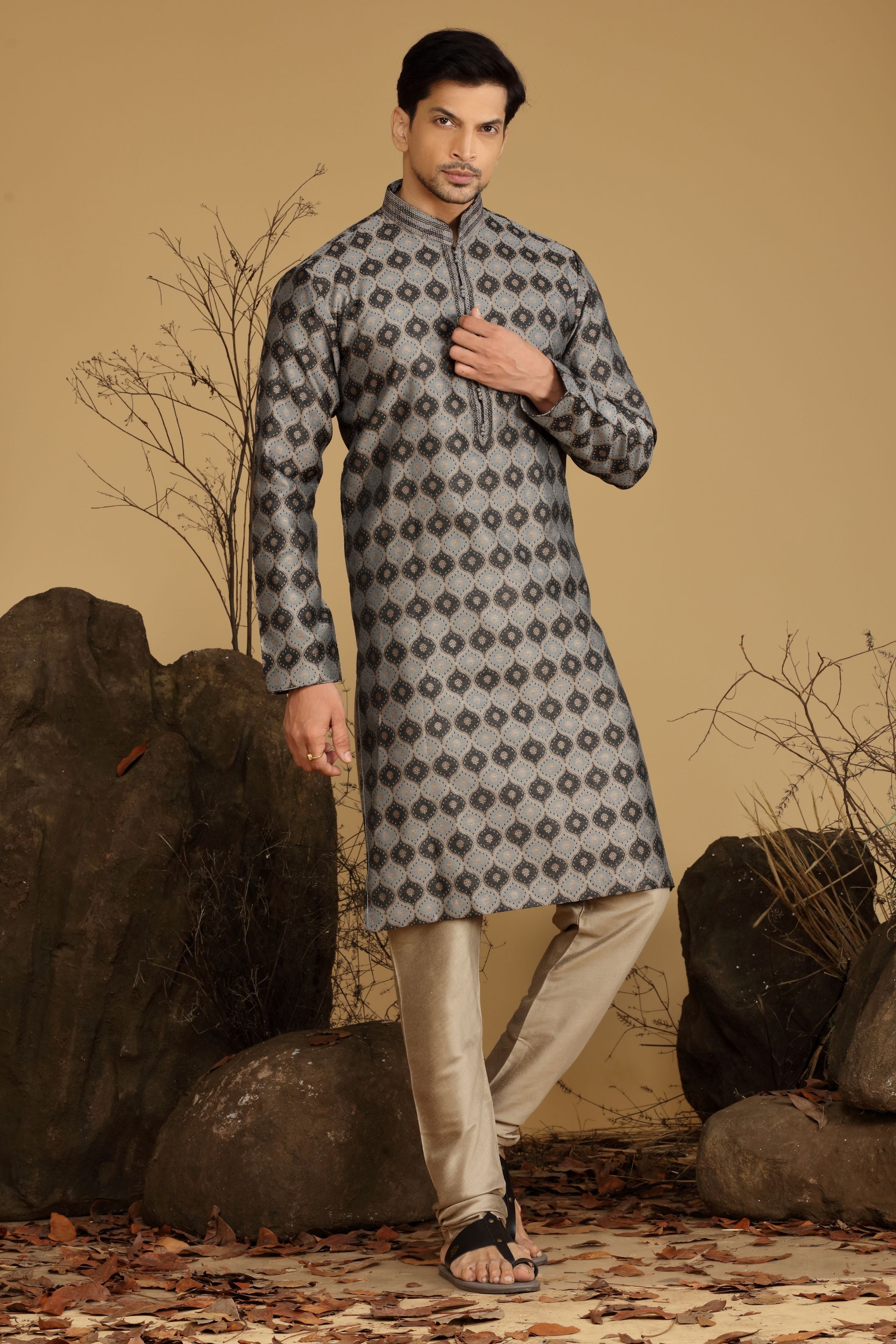 Grey Printed Silk Kurta Set Designed by Kora (Nilesh Mitesh)