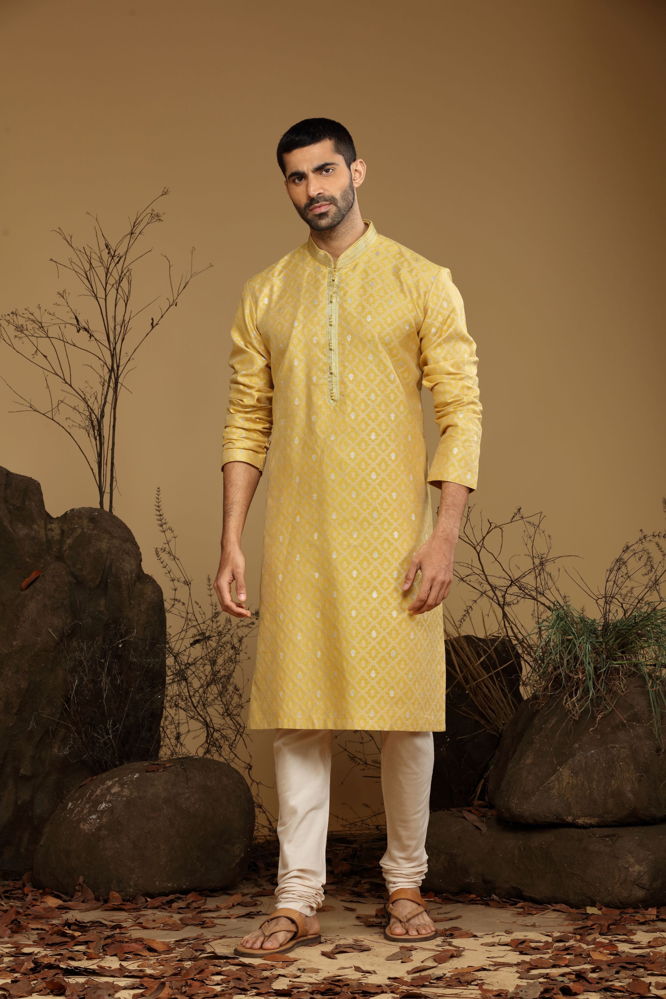 Bright Yellow Benarasi Silk Kurta Set Designed by Kora (Nilesh Mitesh)