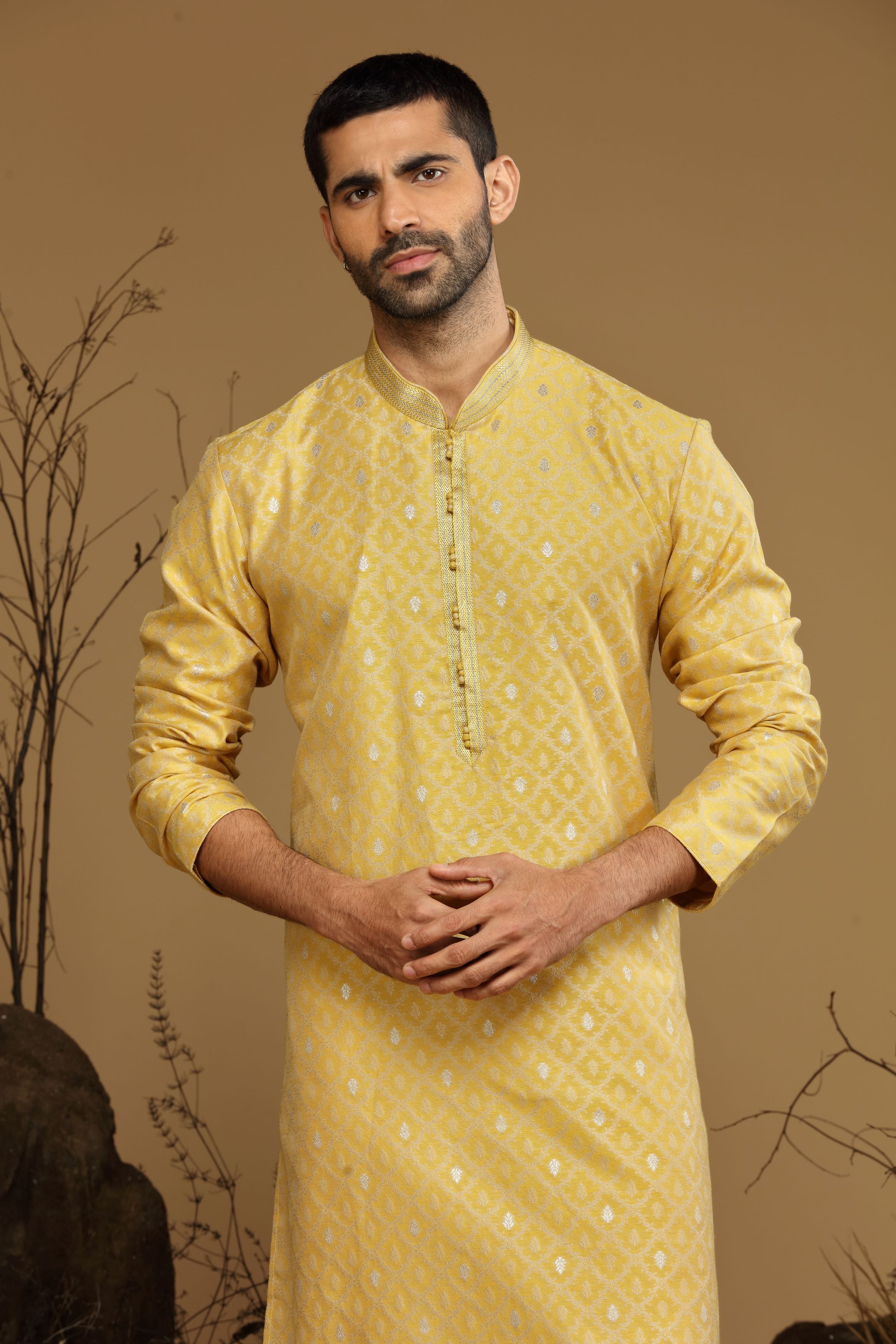 Bright Yellow Benarasi Silk Kurta Set Designed by Kora (Nilesh Mitesh)