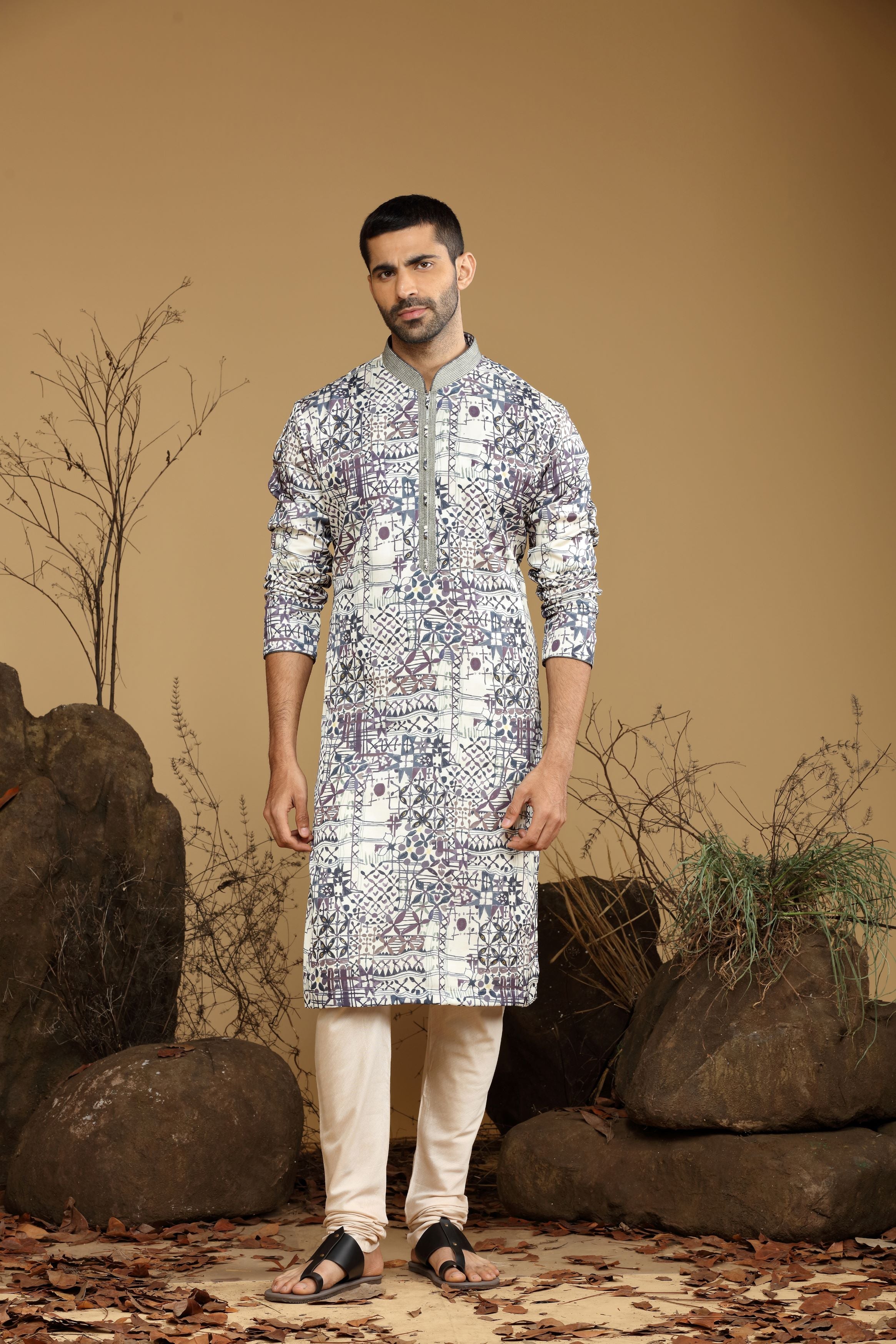 Purple Printed Silk Kurta Set  Designed by Kora (Nilesh Mitesh)