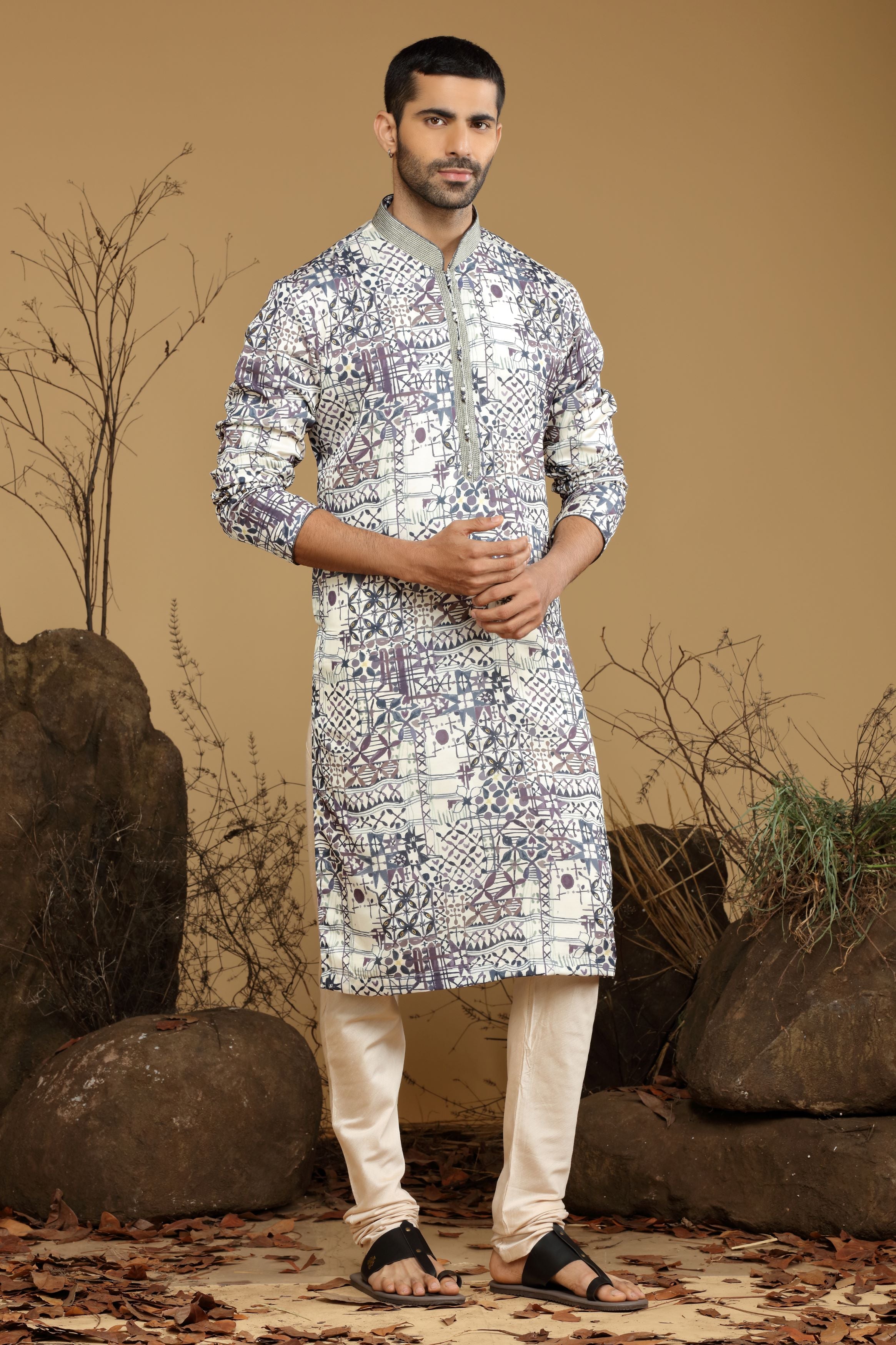 Purple Printed Silk Kurta Set  Designed by Kora (Nilesh Mitesh)