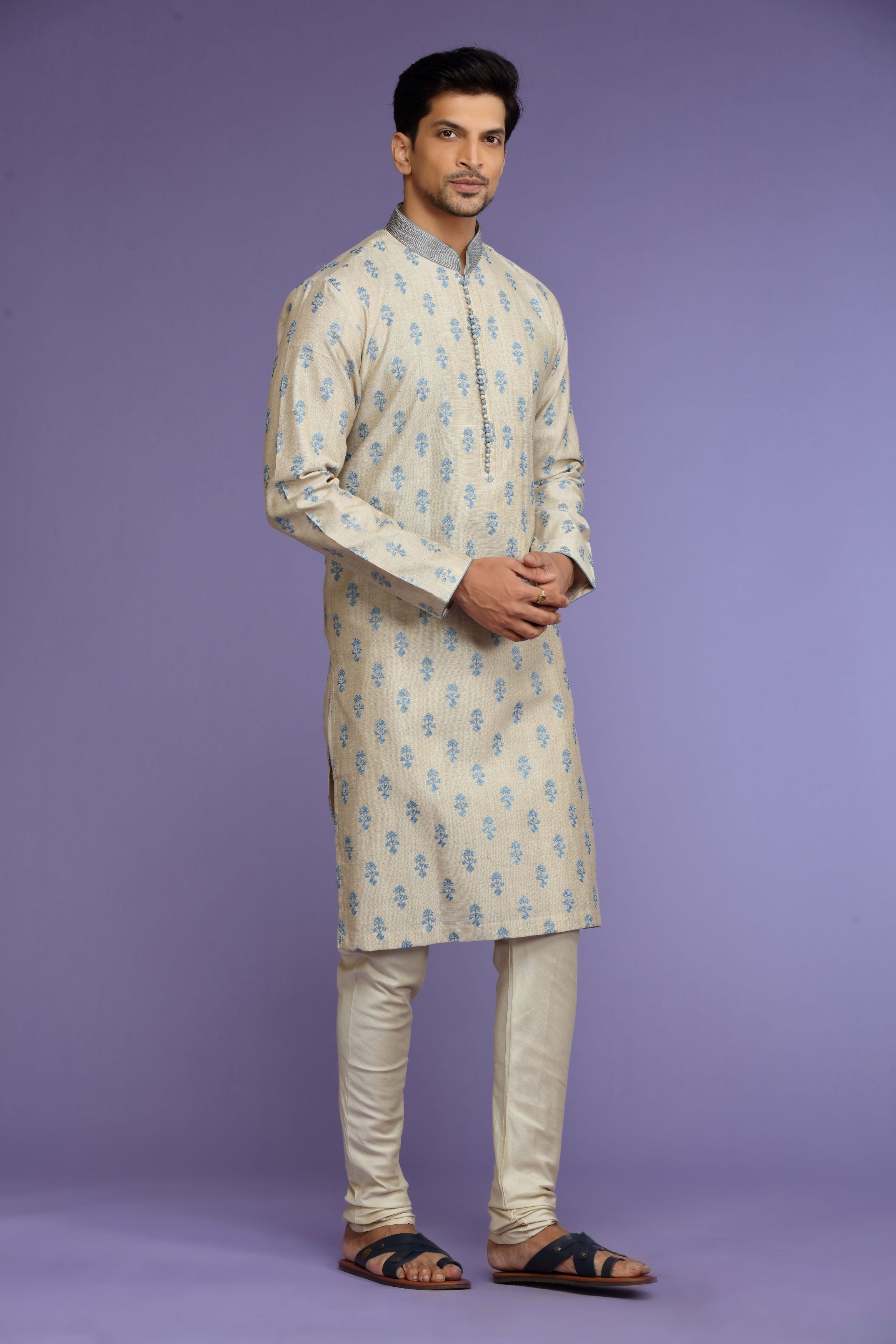 Beige Printed Silk Kurta Set  Designed by Kora (Nilesh Mitesh)