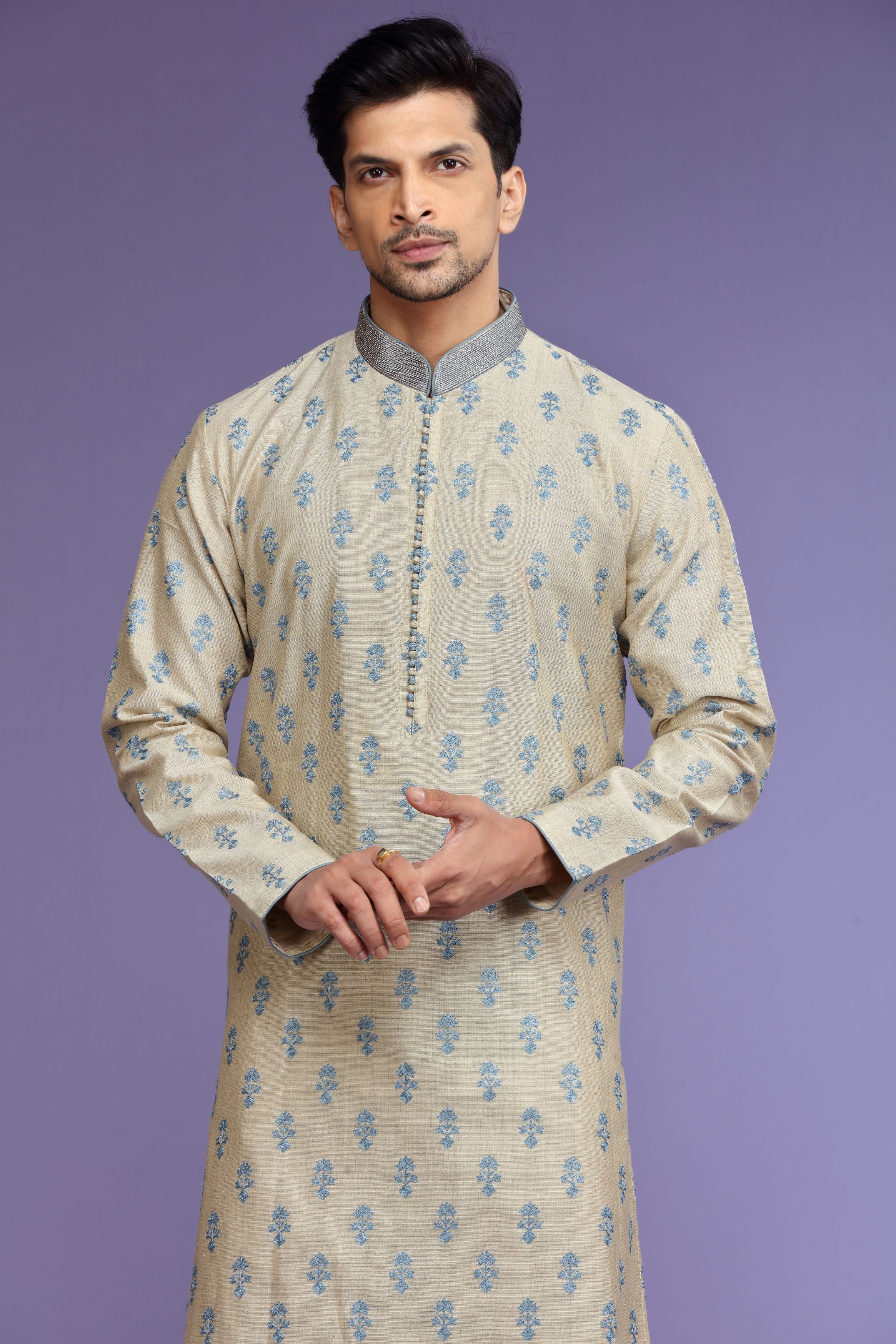 Beige Printed Silk Kurta Set  Designed by Kora (Nilesh Mitesh)