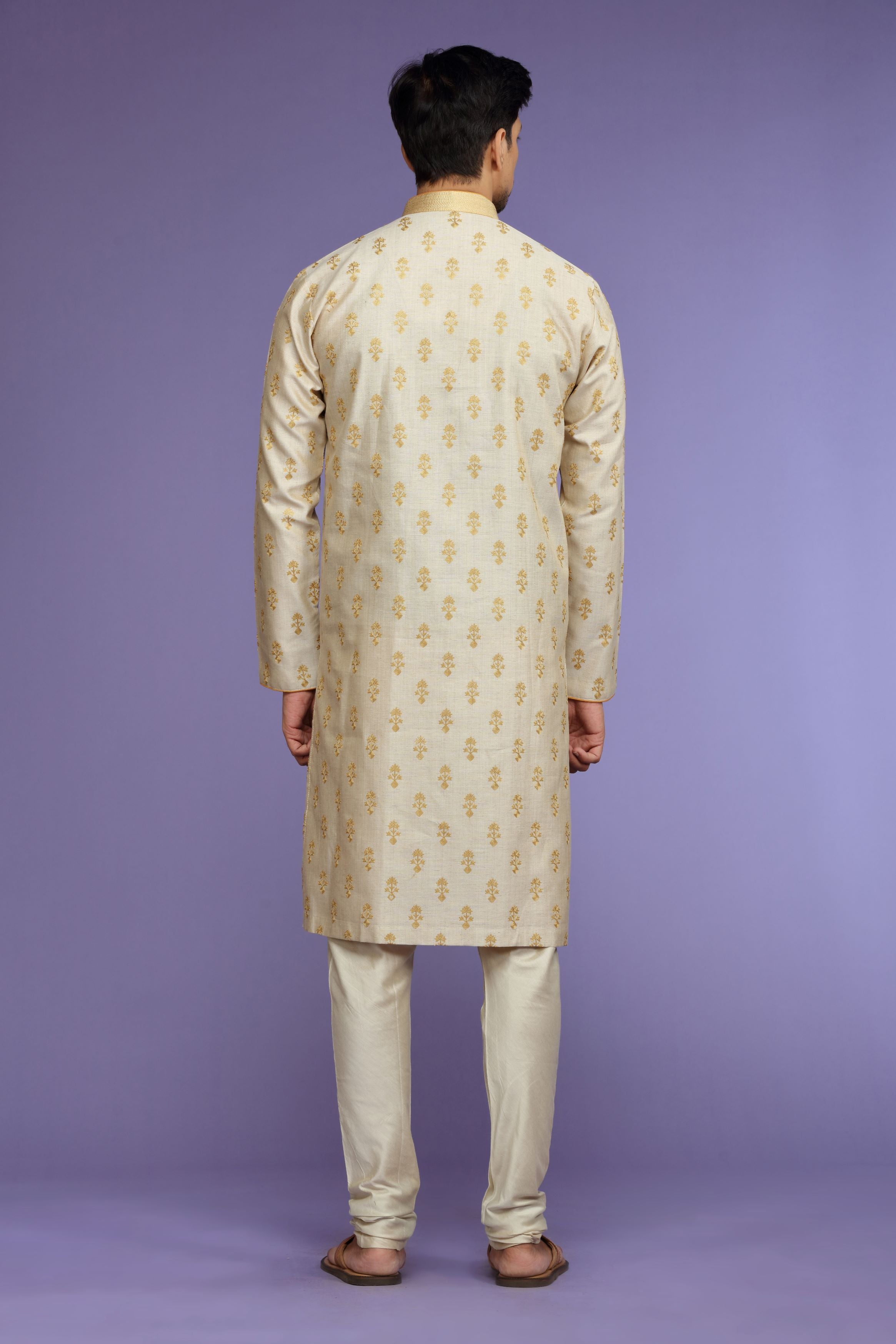 Off-White Printed Silk Kurta Set  Designed by Kora (Nilesh Mitesh)