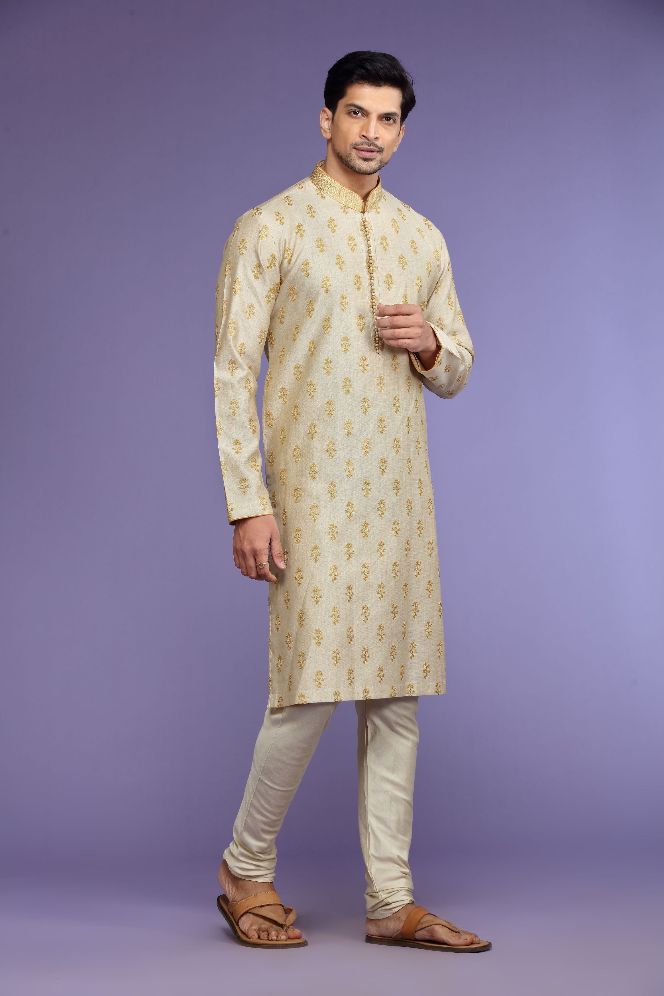 Off-White Printed Silk Kurta Set  Designed by Kora (Nilesh Mitesh)