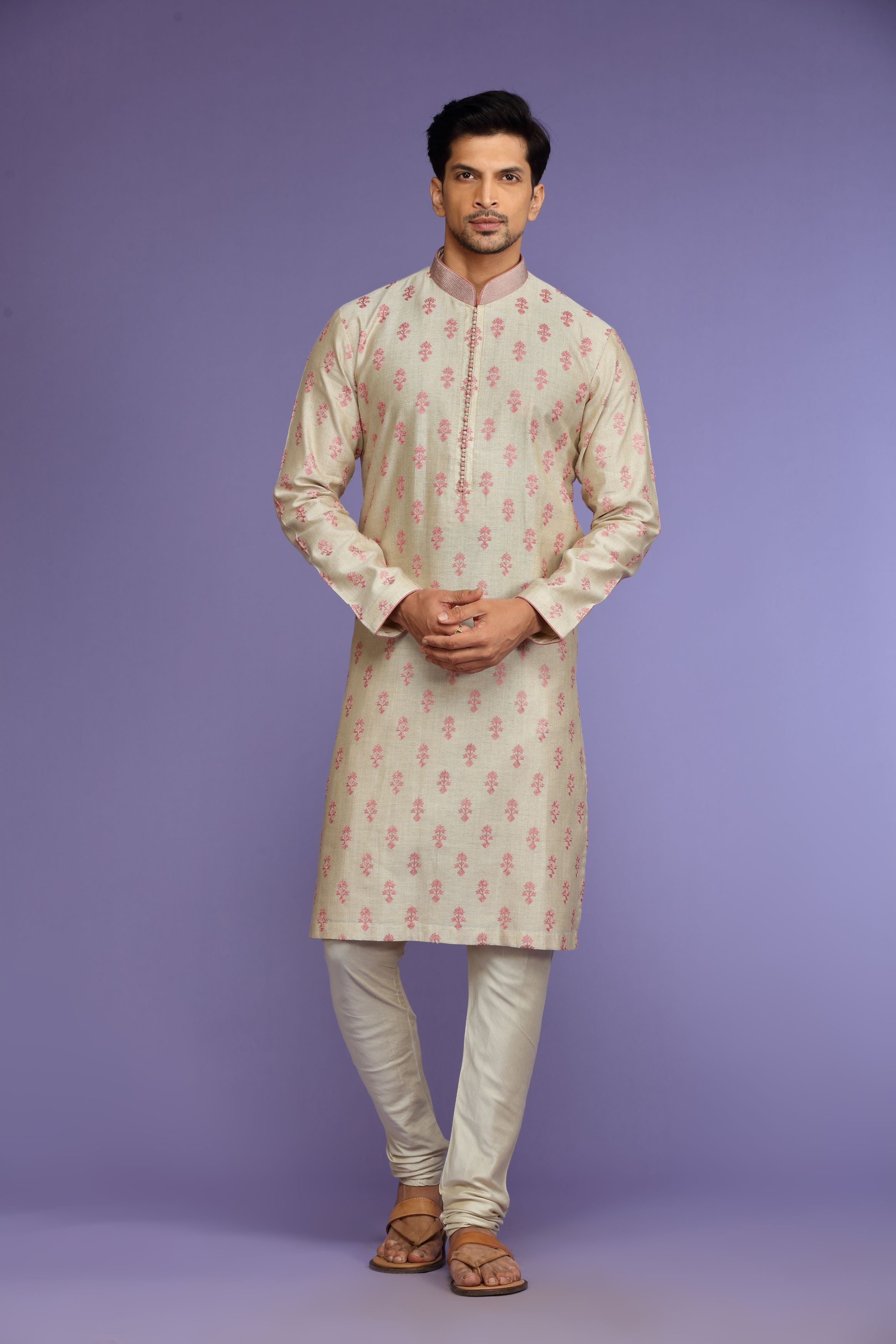 Pink Printed Silk Kurta Set  Designed by Kora (Nilesh Mitesh)