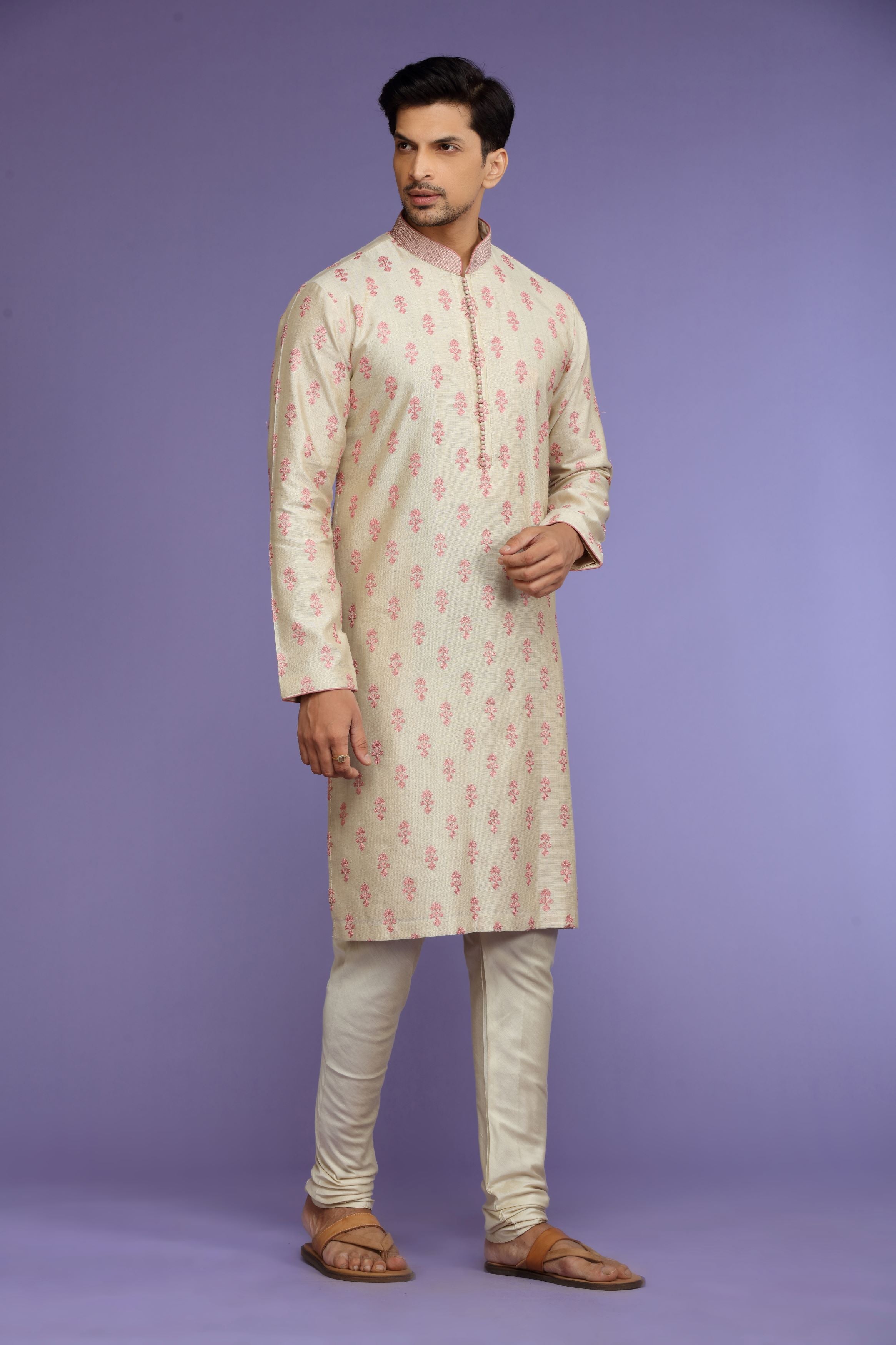 Pink Printed Silk Kurta Set  Designed by Kora (Nilesh Mitesh)