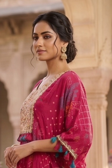 Magenta Pink Bandhej Georgette Kaftan Set