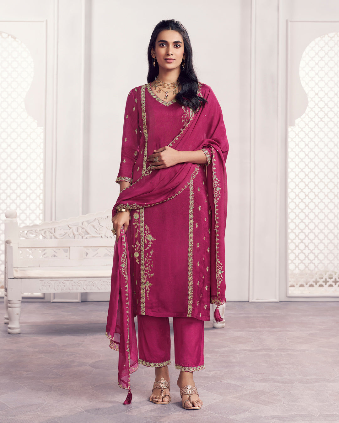 Ruby Charm Embellished Dola Silk Pant Set