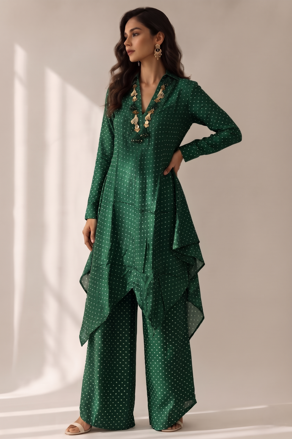 Emerald Green Embellished Crepe Silk Skirt Set