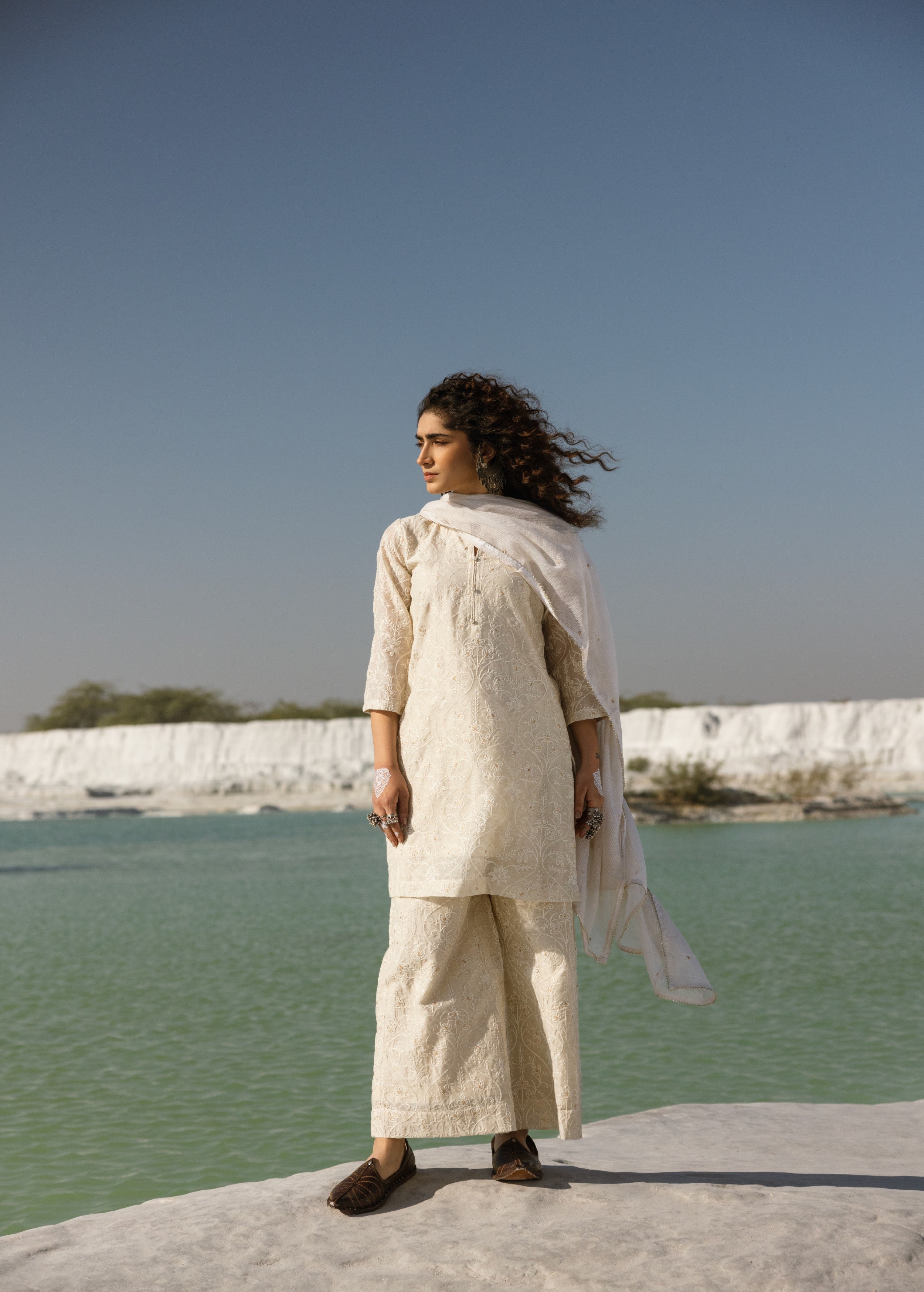 Off-White Embroidered Chanderi Silk Pant Set