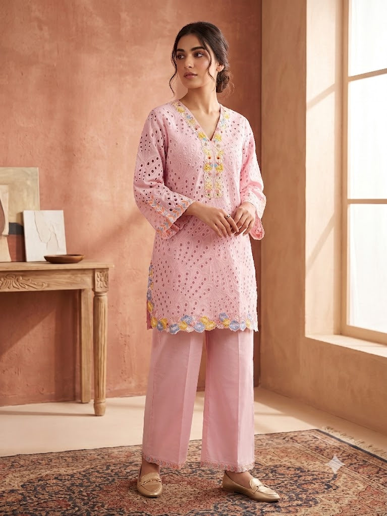 Pastel Pink Schiffli Embroidered Cotton Kurta Set