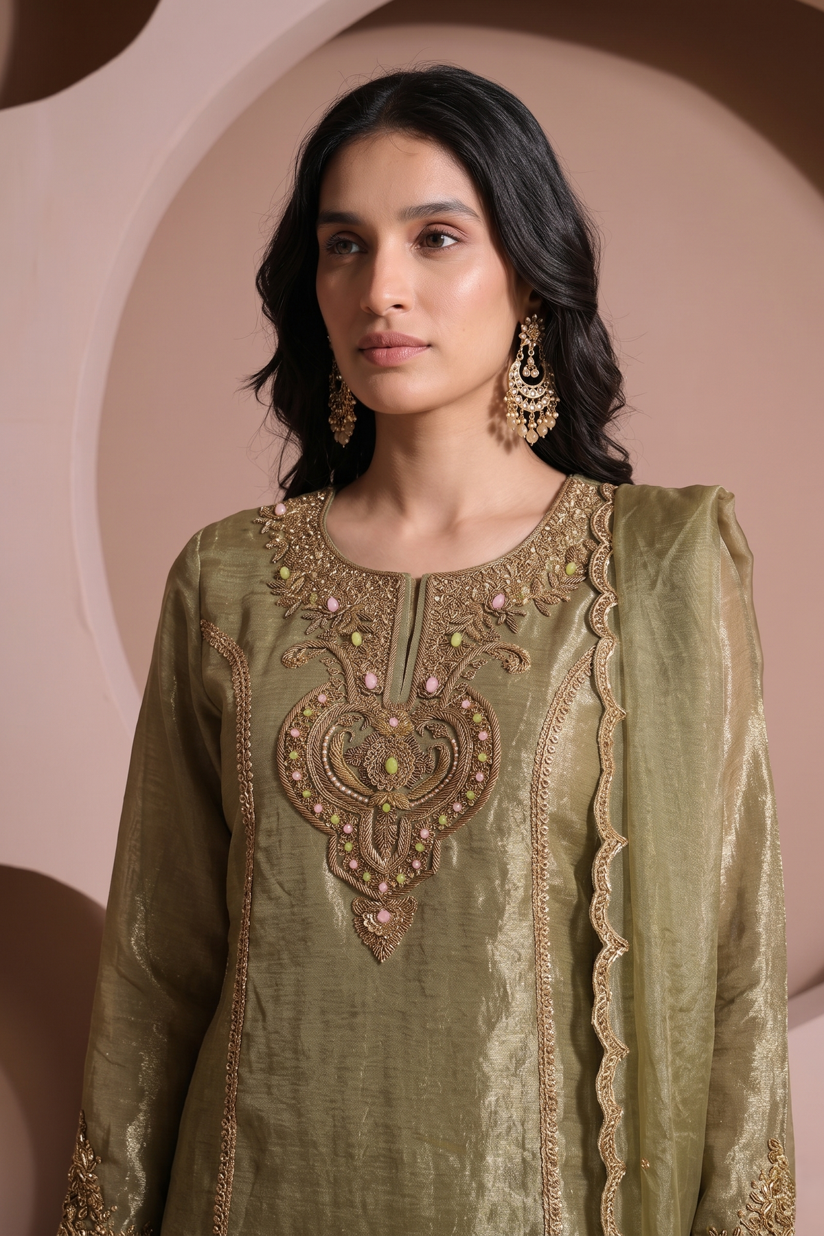 Sage Green Embellished Shimmer Silk Pant Set
