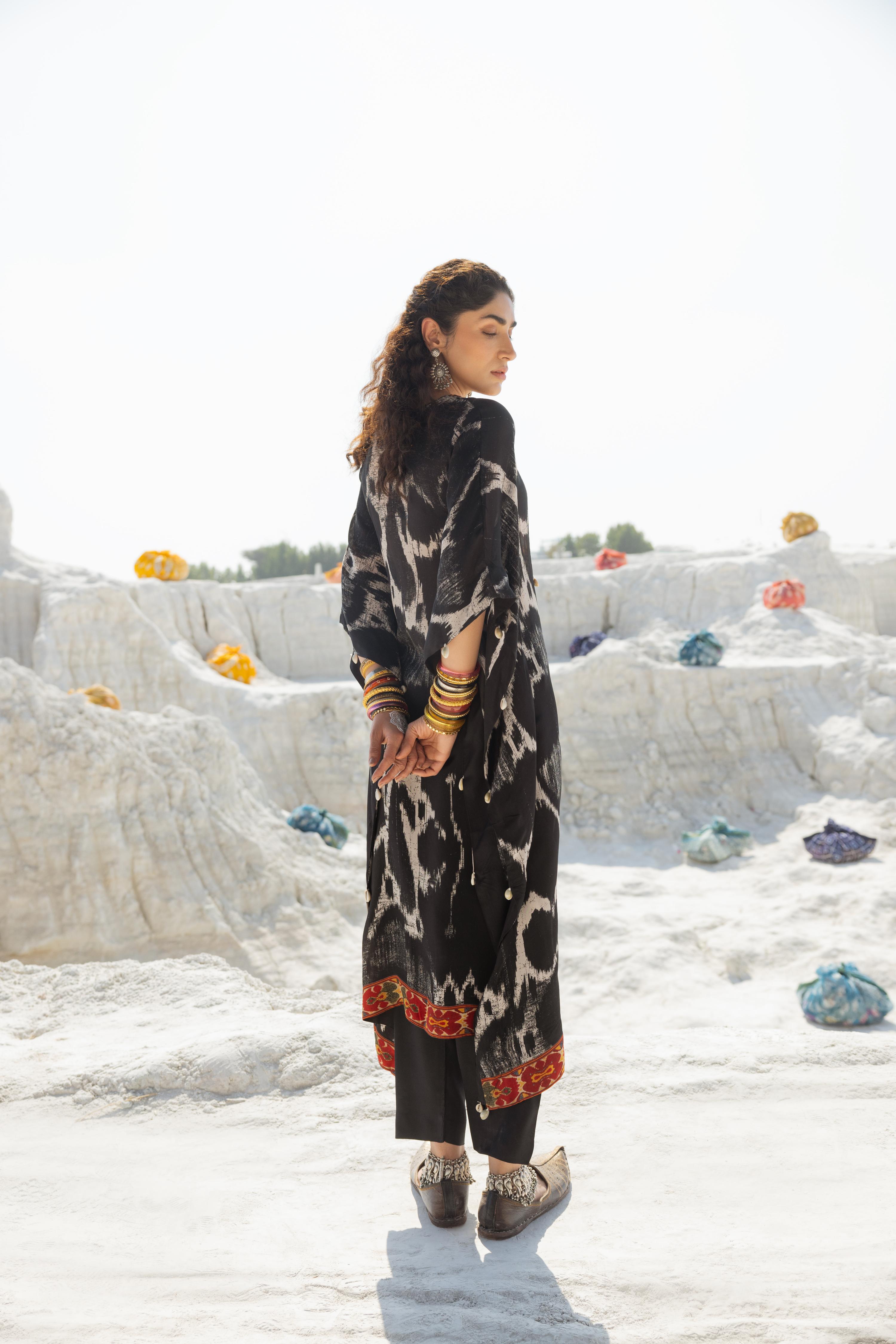 Black Ikat Printed Muslin Silk Kaftan Set