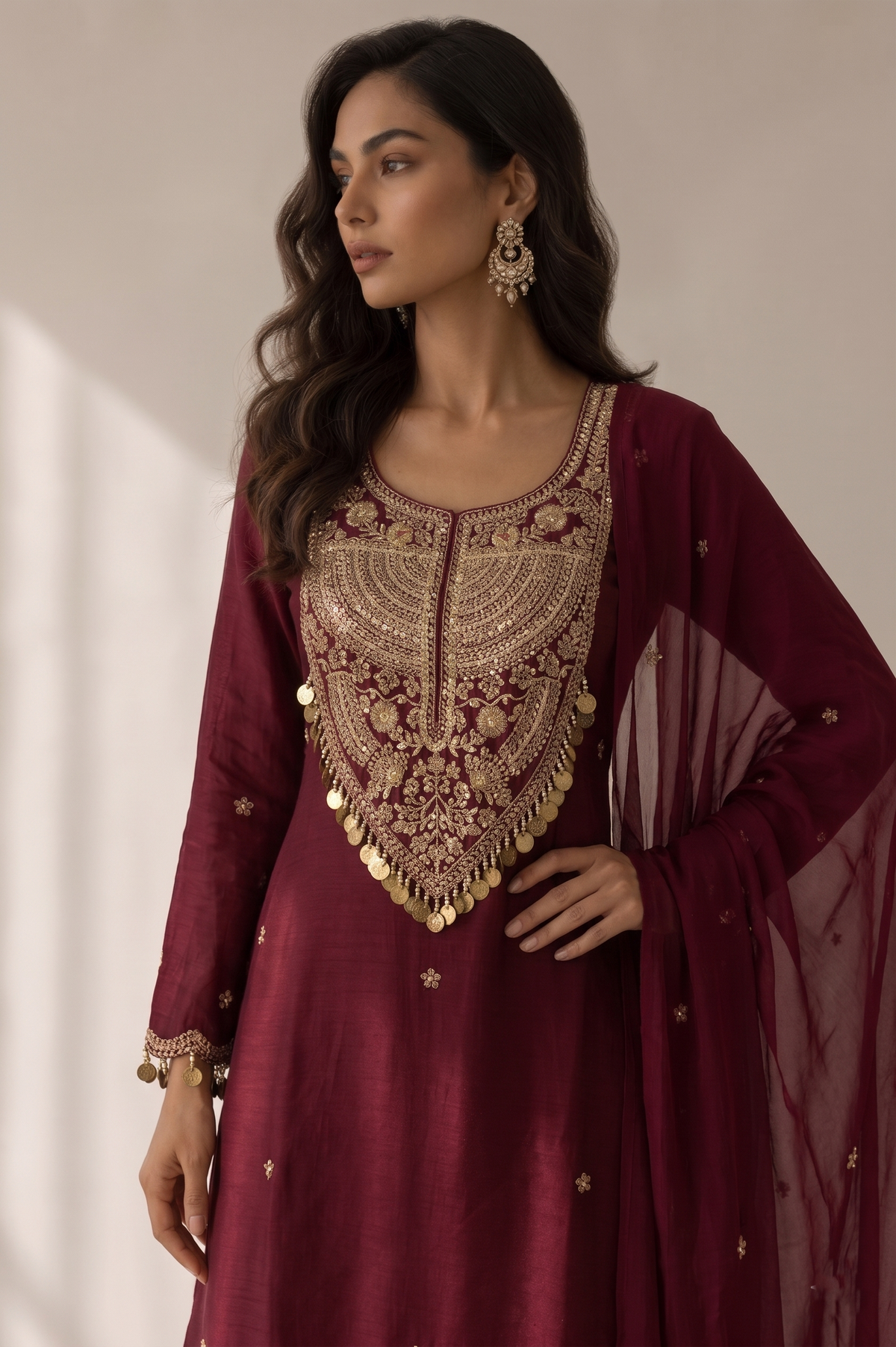 Dark Maroon Embellished Georgette Silk Sharara Set