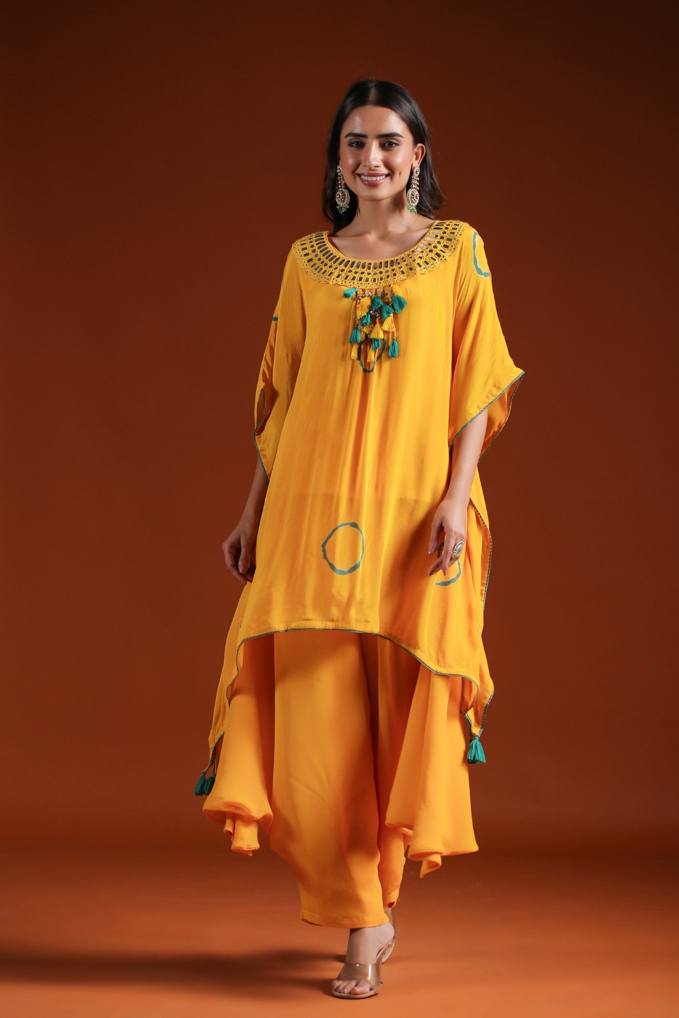Yellow Tie-Dye Embroidered Kaftan & Palazzo