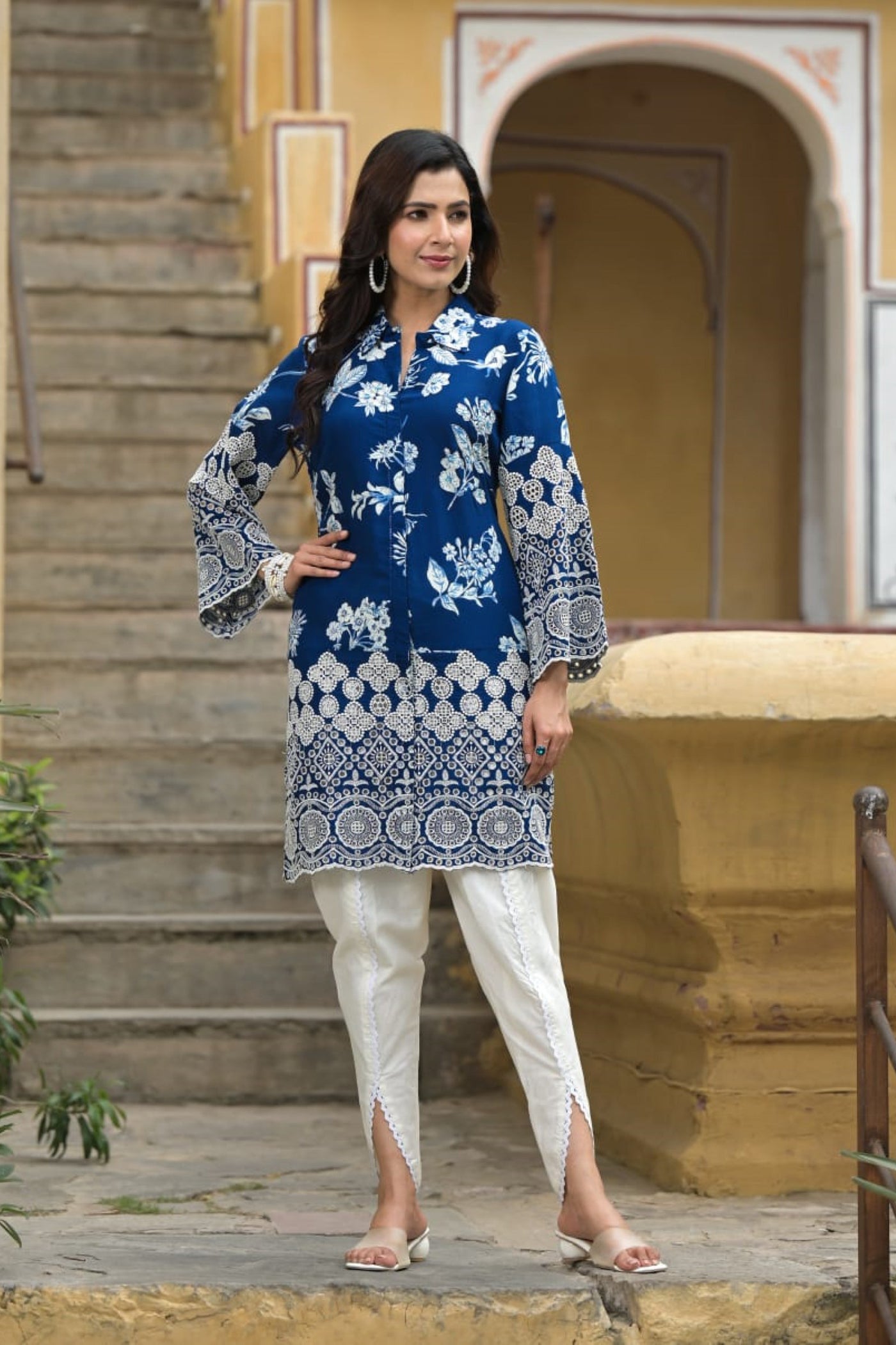 Blue Floral Embroidered Tunic with Dhoti Pants