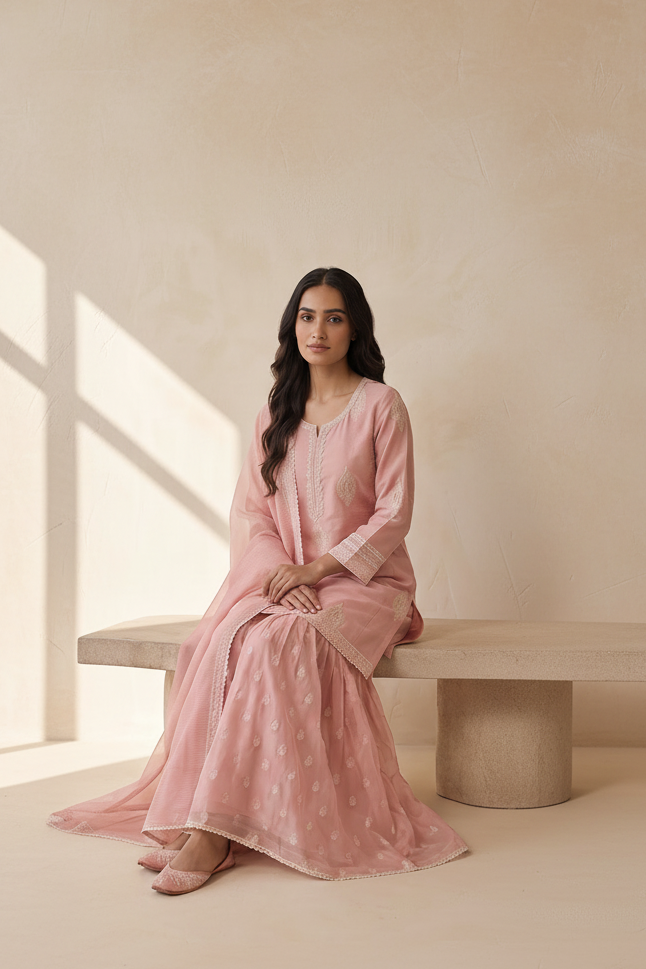 Pastel Pink Embroidered Mul-Chanderi Silk Suit Set