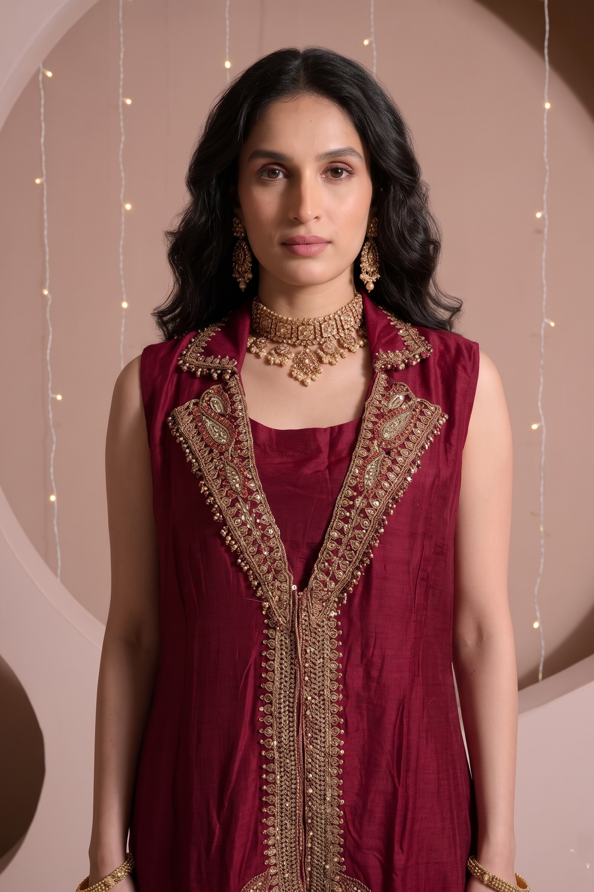 Regal Wine Embellished Raw Silk Palazzo Set