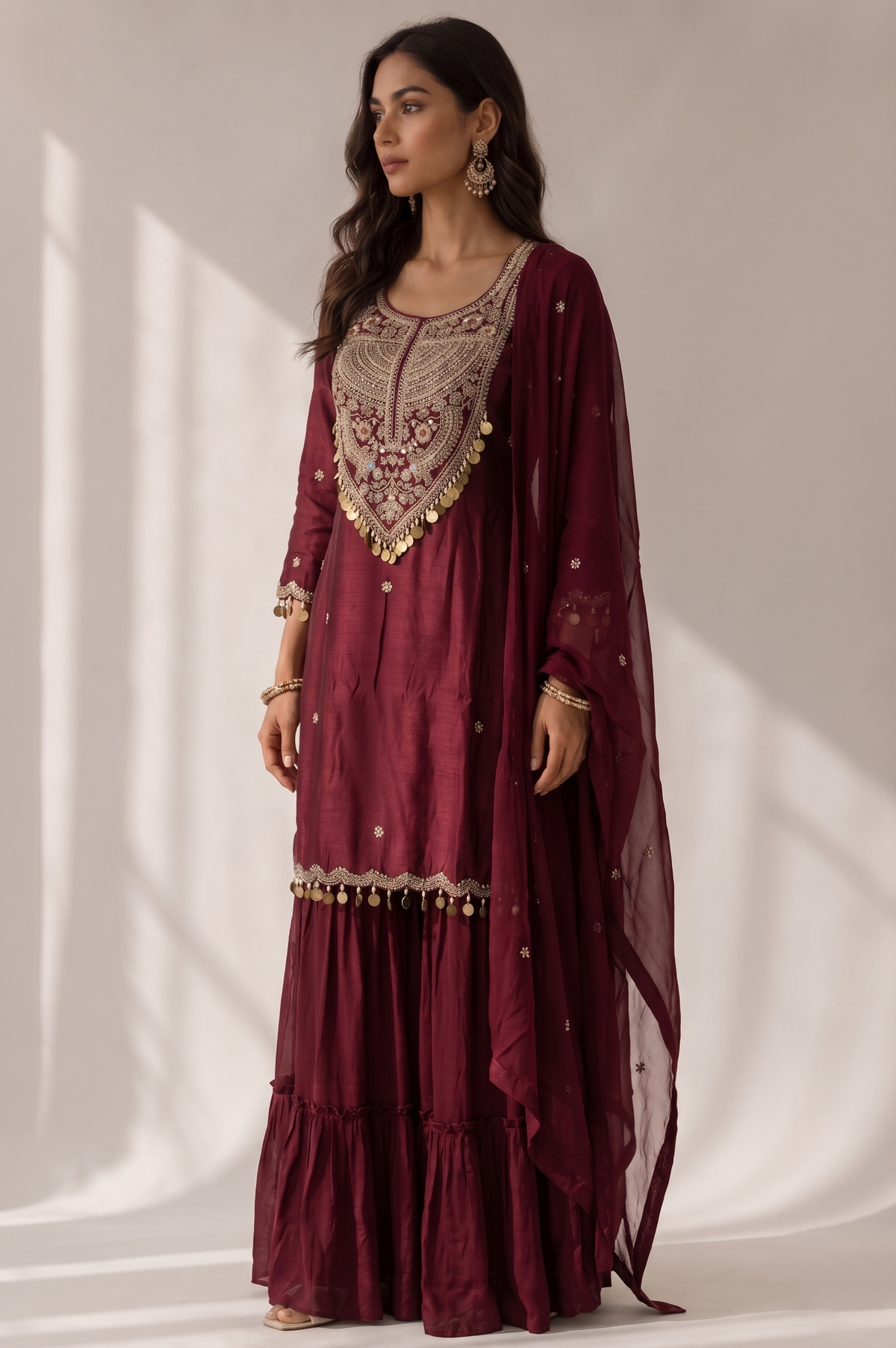 Dark Maroon Embellished Georgette Silk Sharara Set