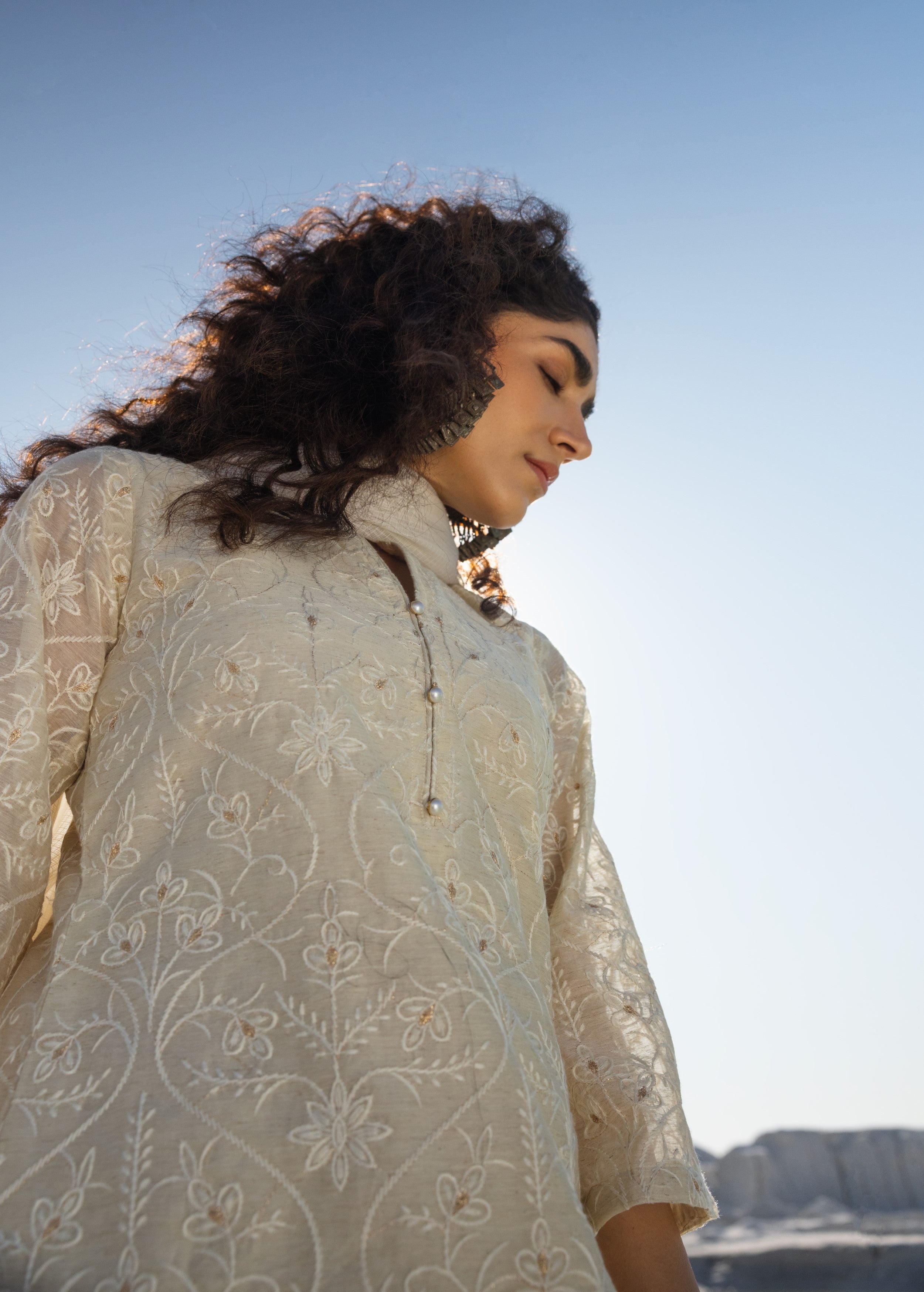 Off-White Embroidered Chanderi Silk Pant Set