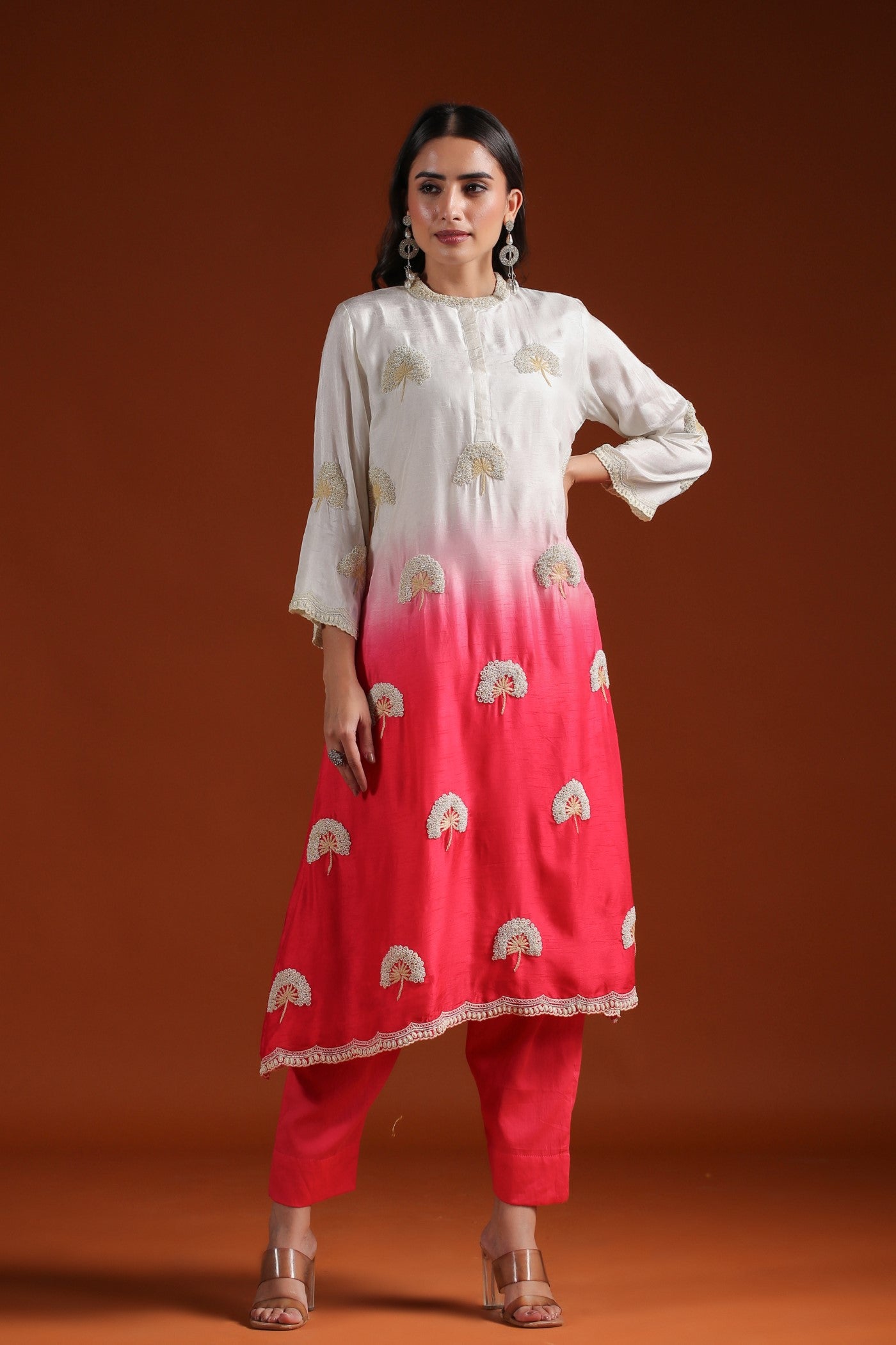 Bright Peach Beads Embroidered Ombre Kurta with Pant