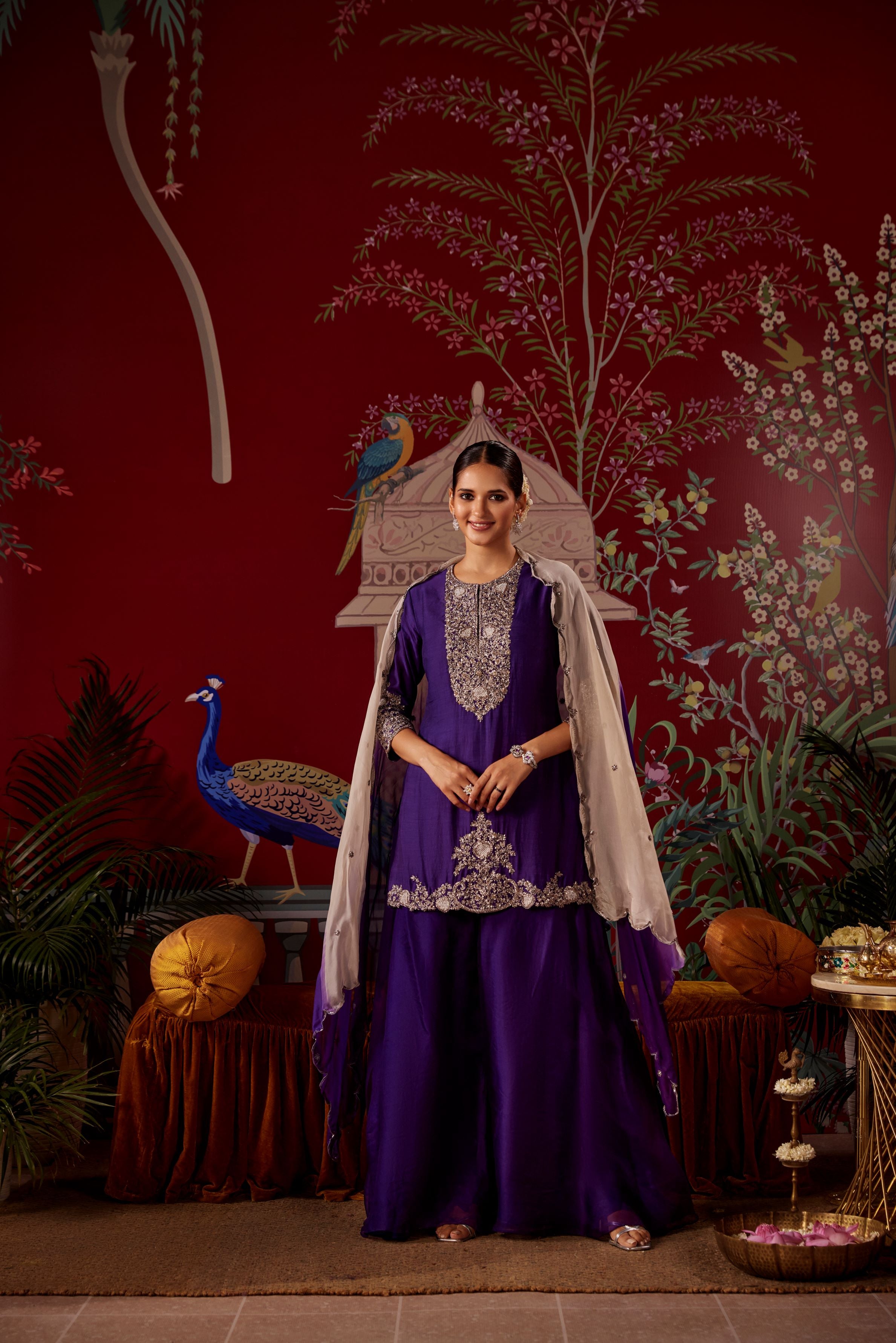 Purple Embellished Chinon Silk Sharara Set