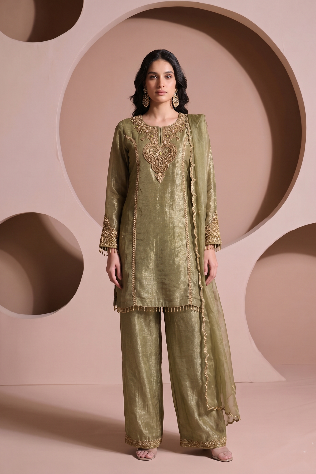 Sage Green Embellished Shimmer Silk Pant Set