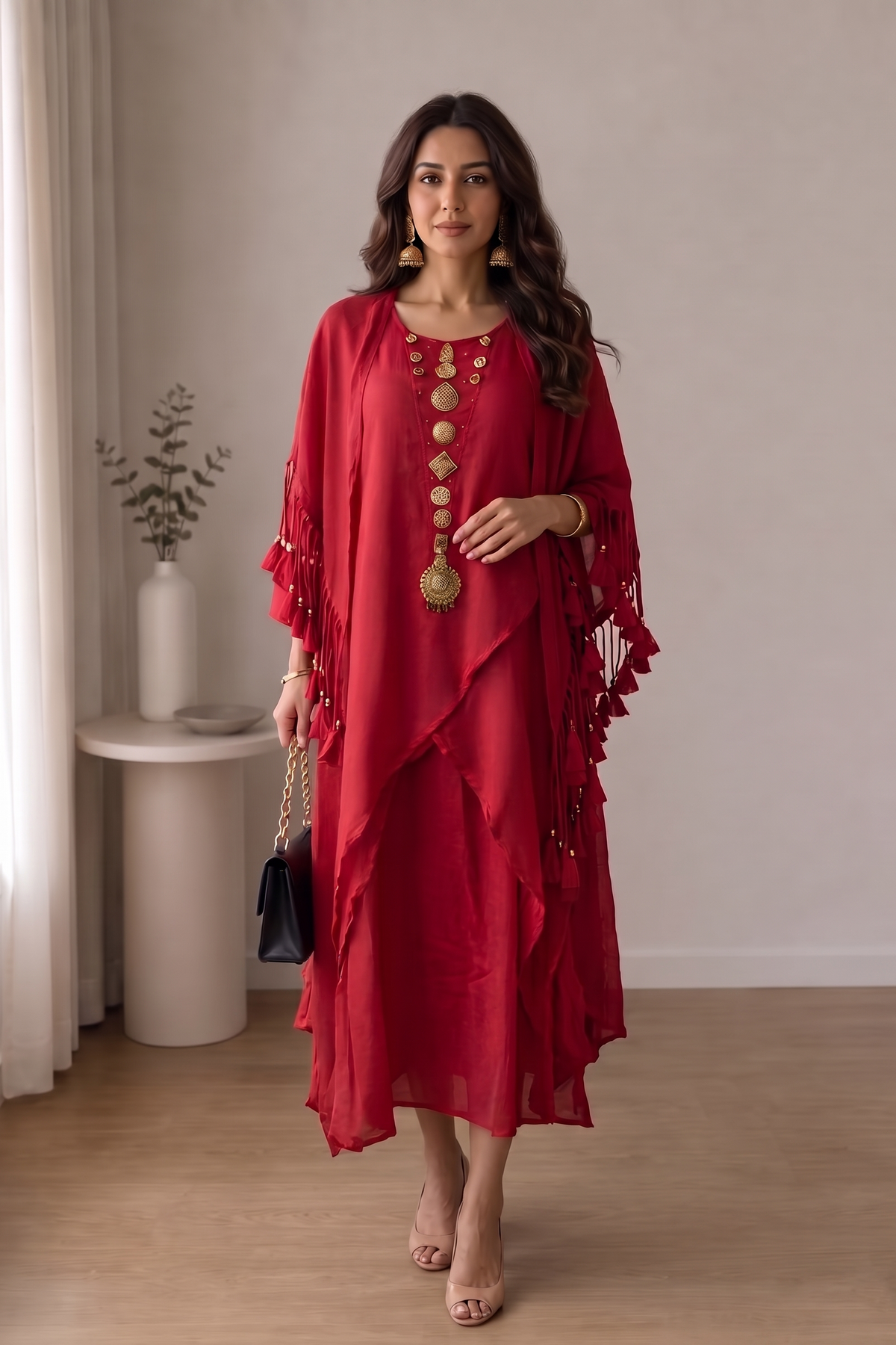 Red Embellished Mul Cotton Dress