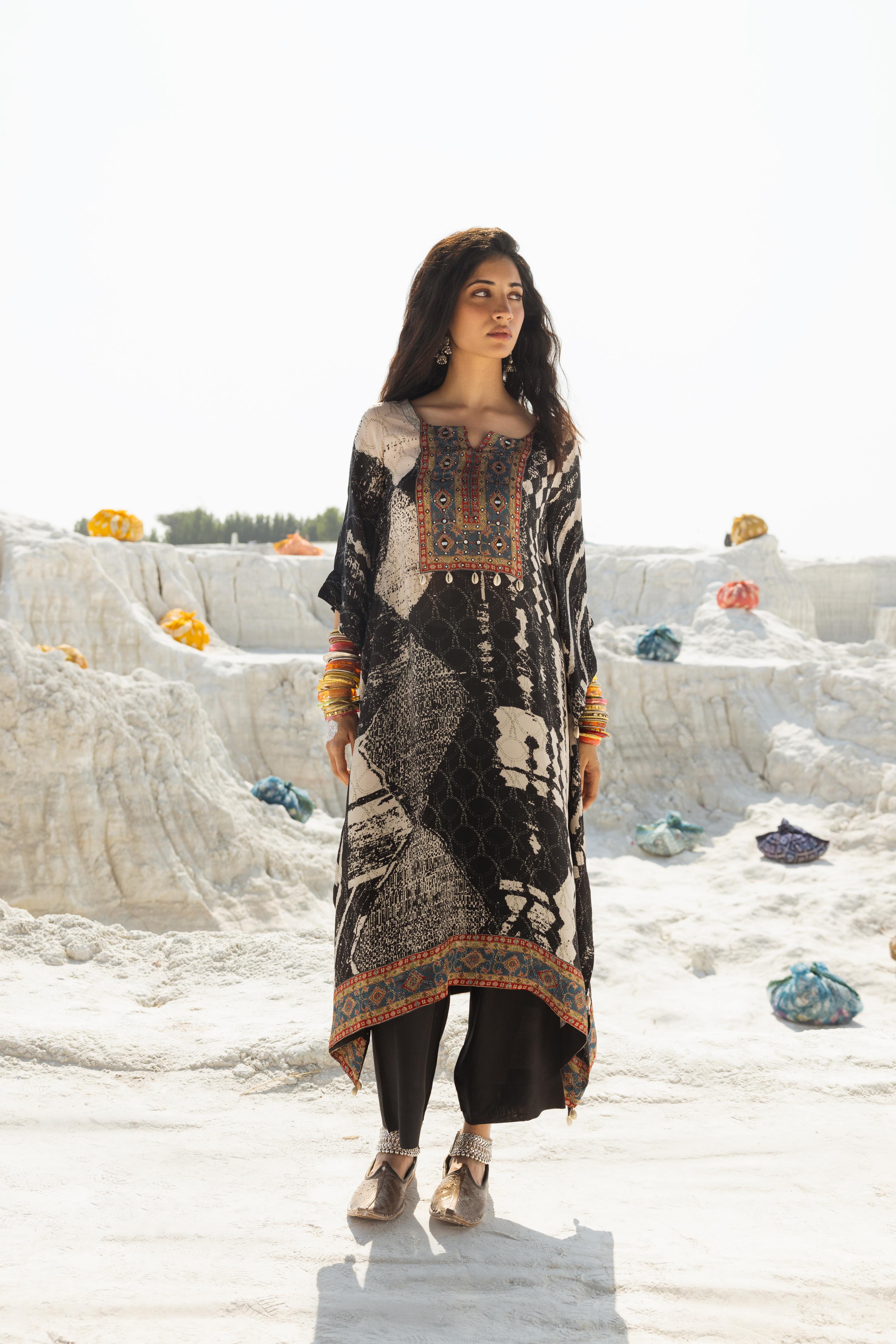 Charcoal Black Ikat Printed Muslin Silk Kaftan Set