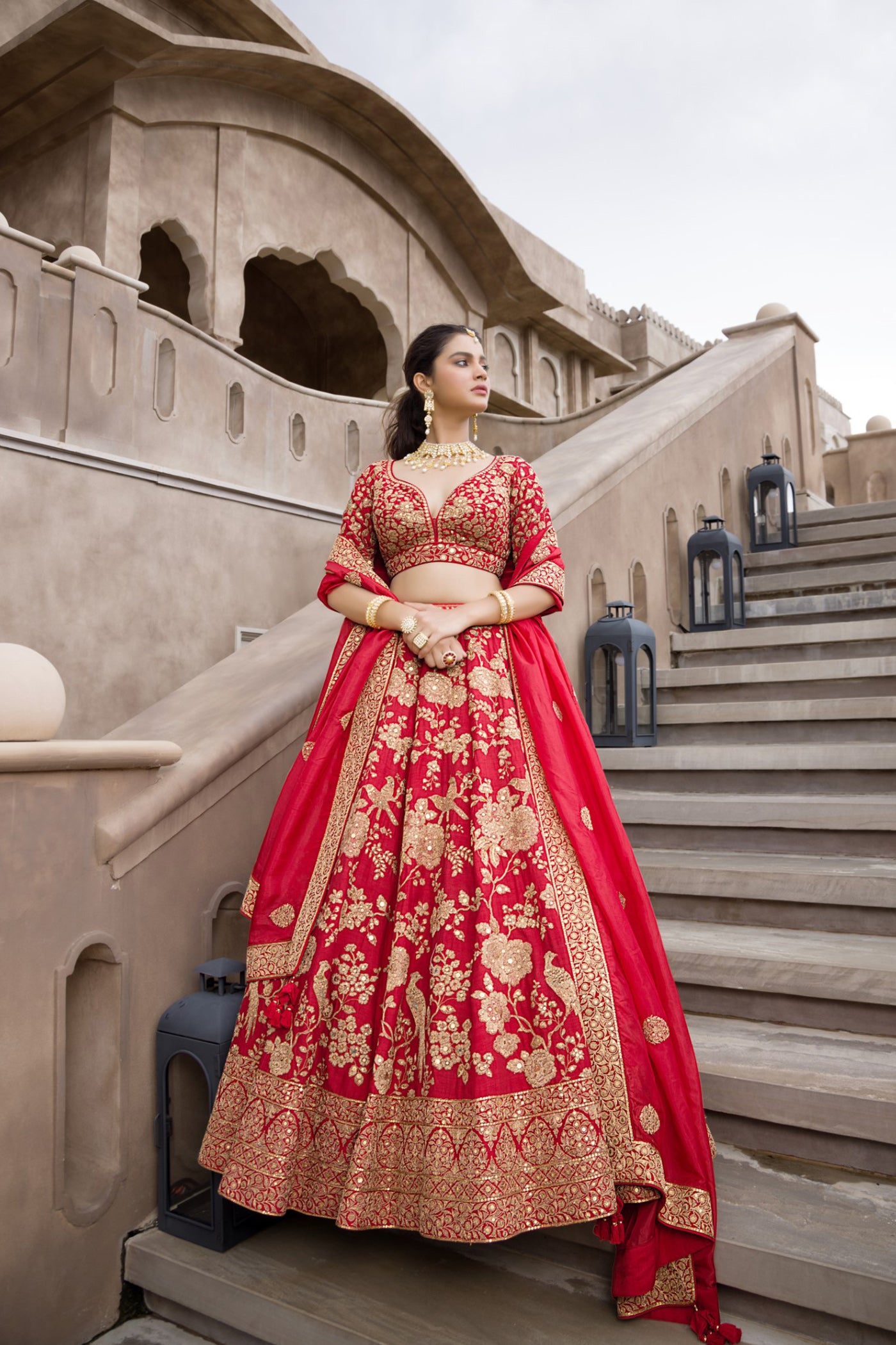 Red Floral Embroidered Lehenga Set