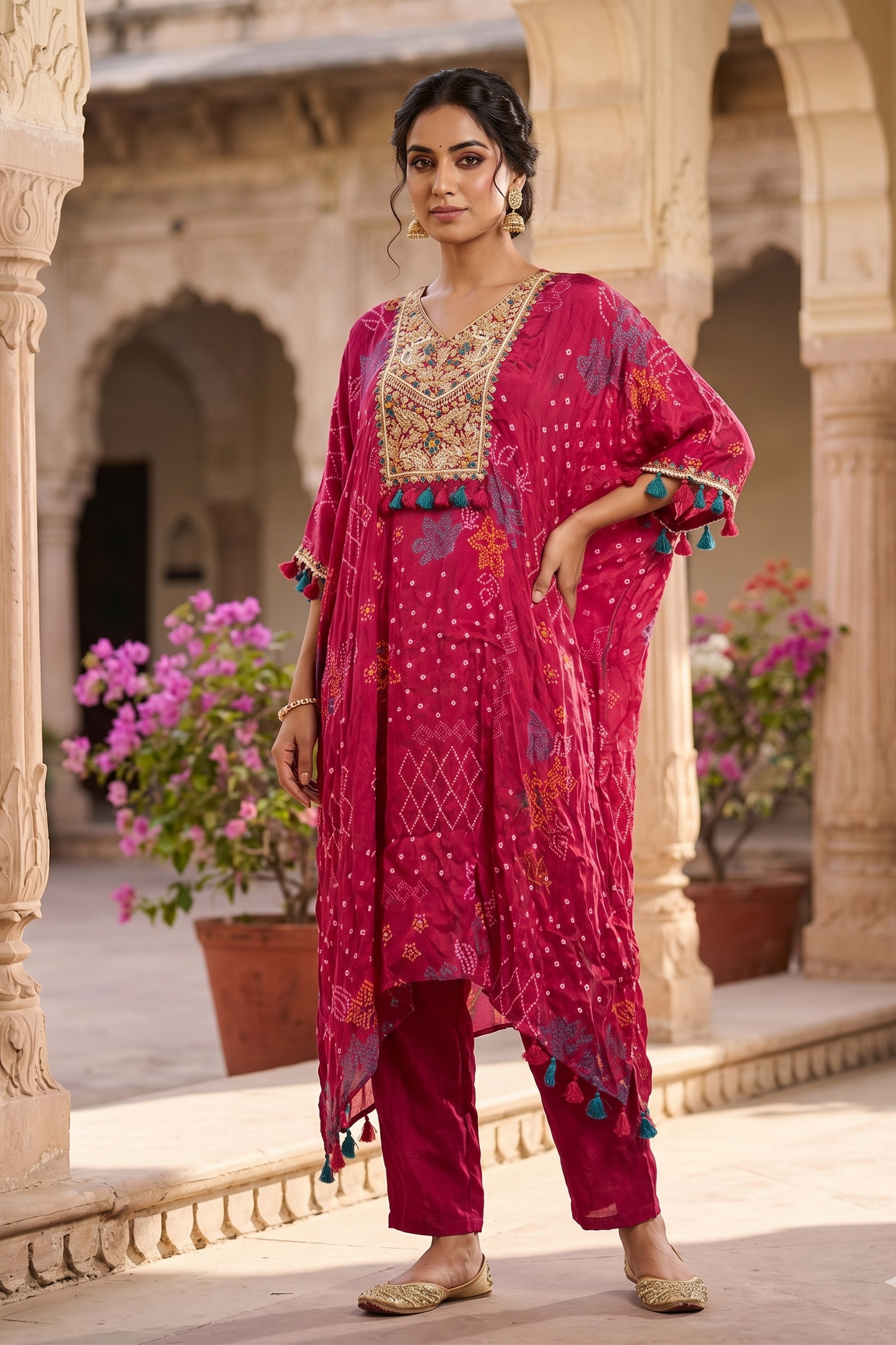 Magenta Pink Bandhej Georgette Kaftan Set