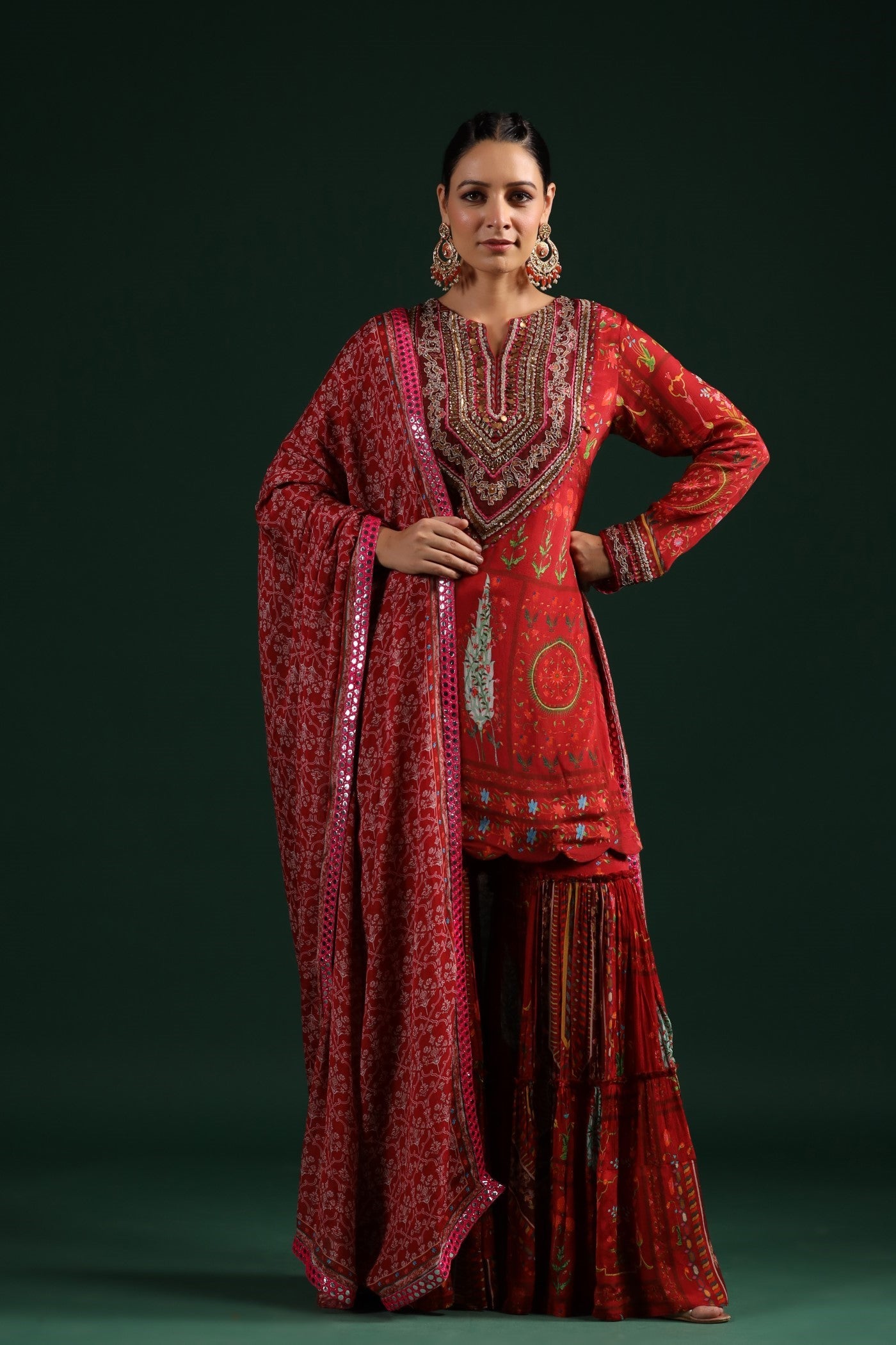 Ruby Red Wrinkled Chinon Silk Printed Sharara Set