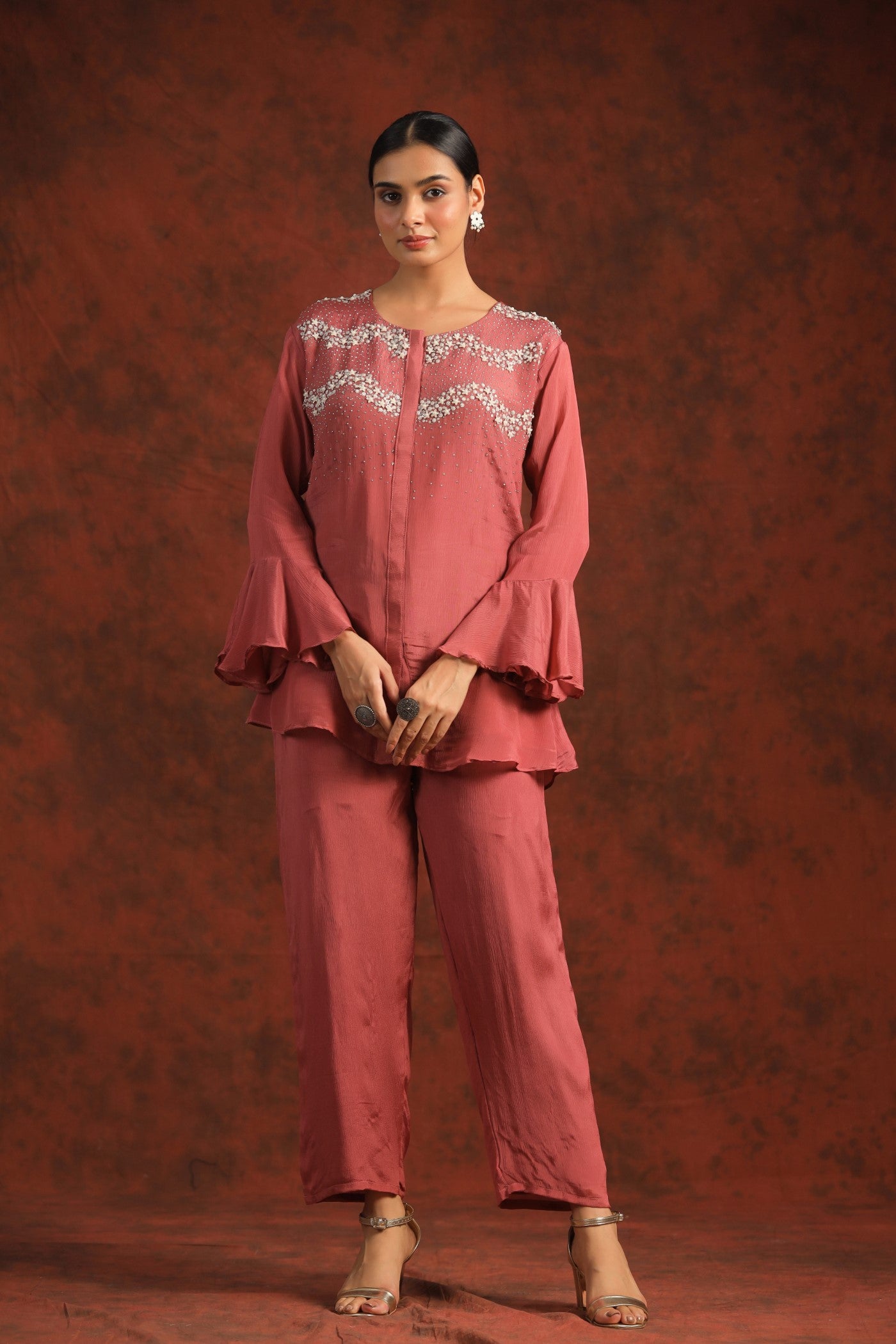 Rust Pink Embellished Wrinkled Chinon Co-ord Set