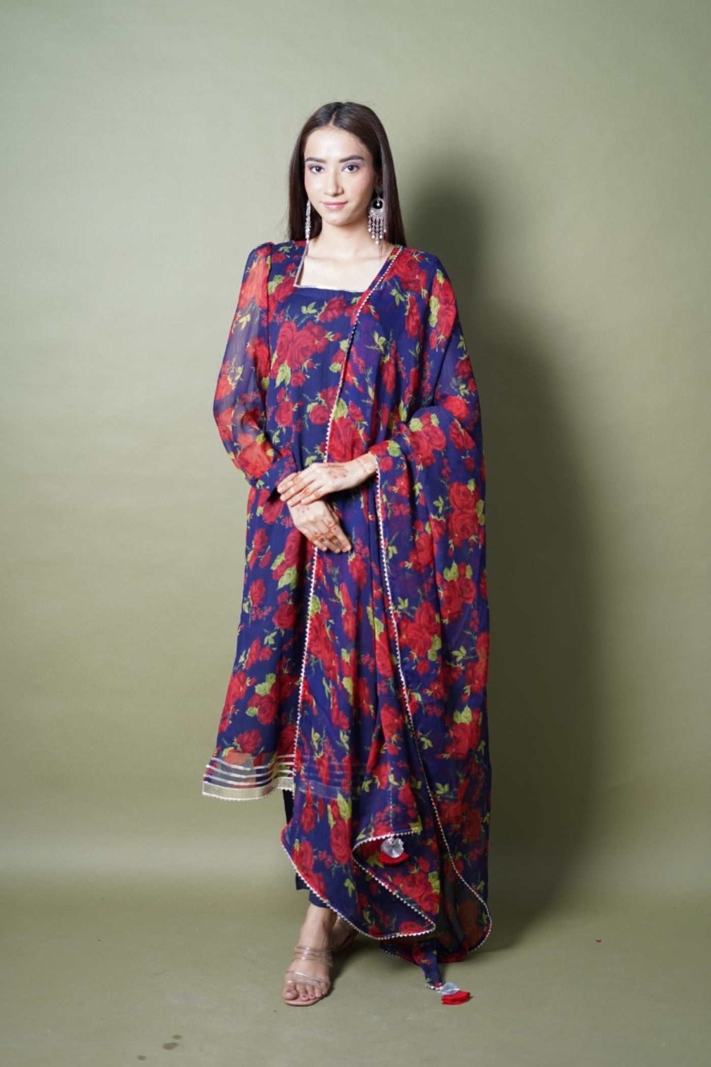 Navy Blue Floral Crushed Chiffon Silk Kurta Set