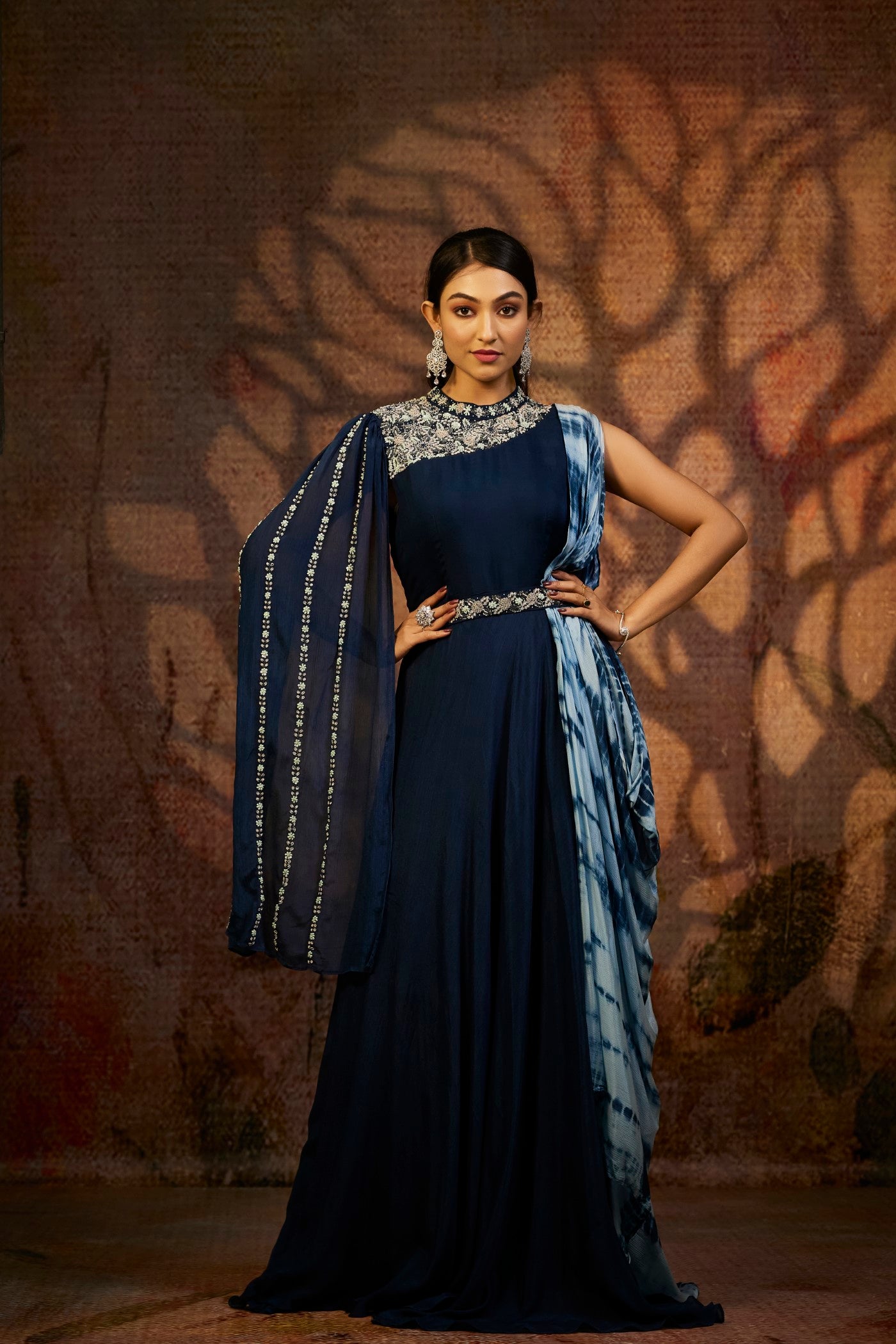 Navy Blue Hand Embroidered Crystal Georgette Flared Gown