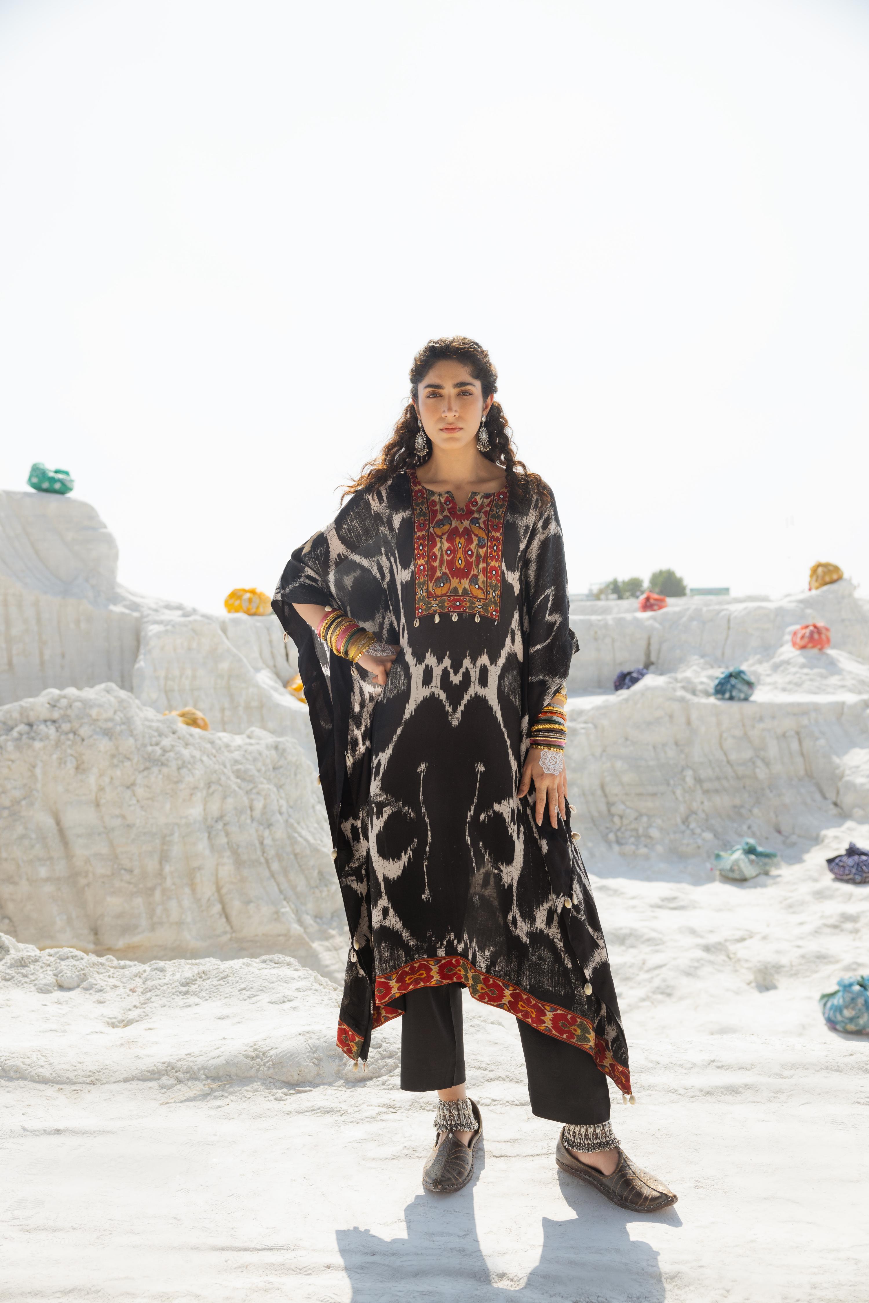 Black Ikat Printed Muslin Silk Kaftan Set