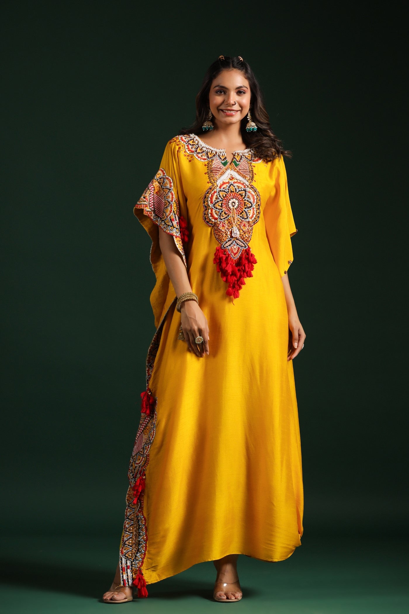 Festive Yellow Embellished Kaftan Pants Set