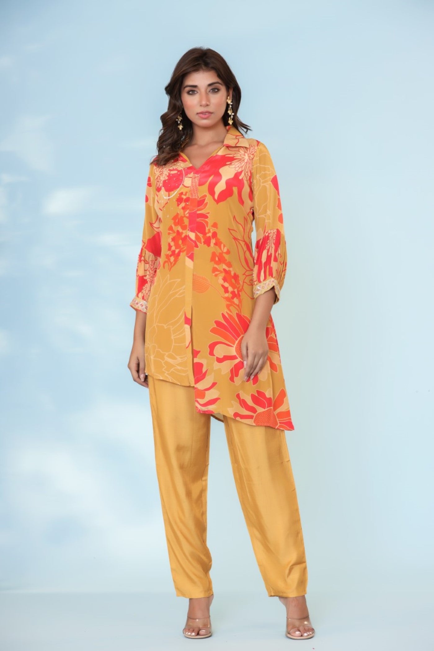 Ochre Yellow Floral Spanish Crepe Silk Co-ord Set