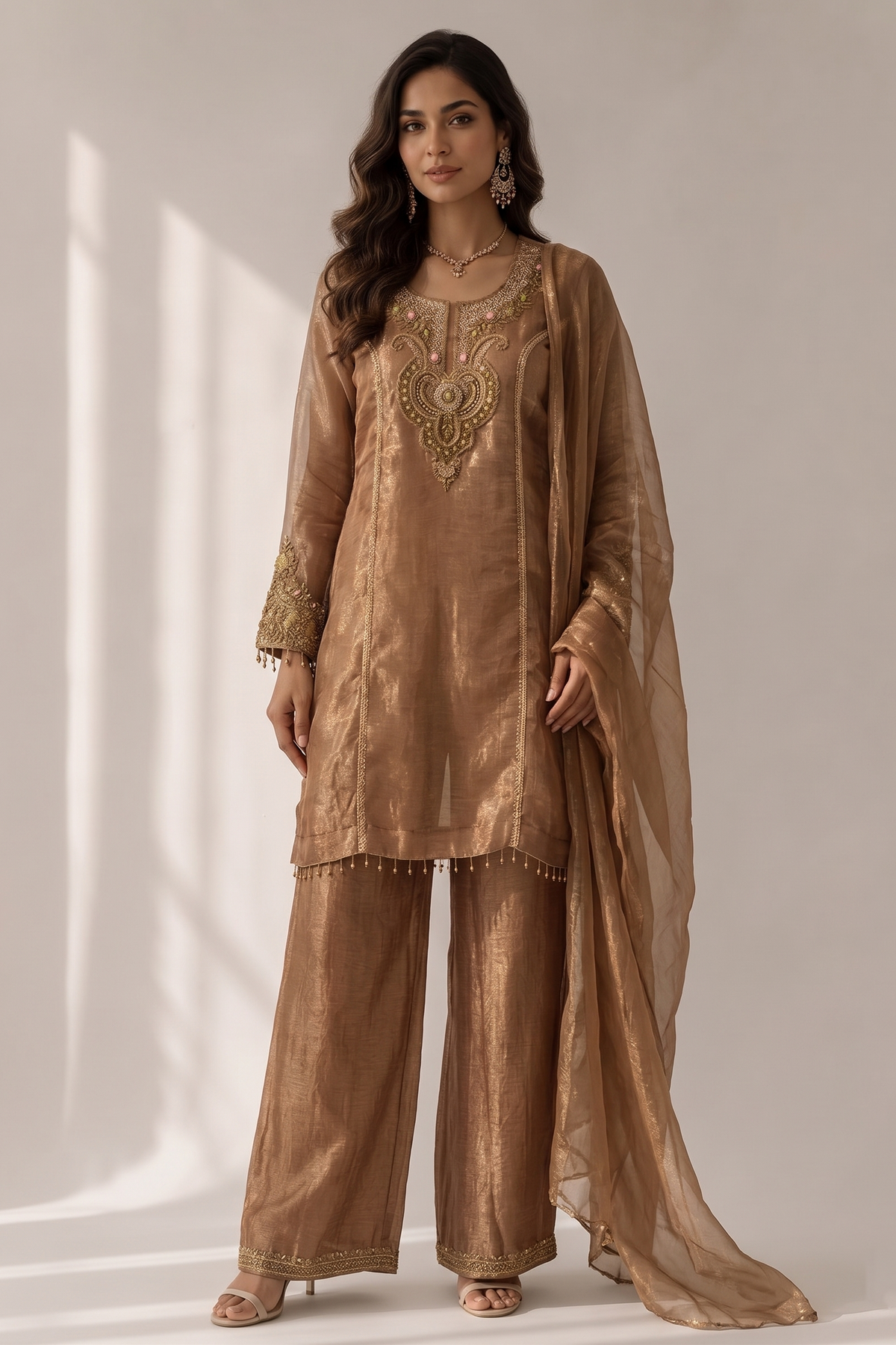 Metallic Brown Embellished Shimmer Silk Pant Set