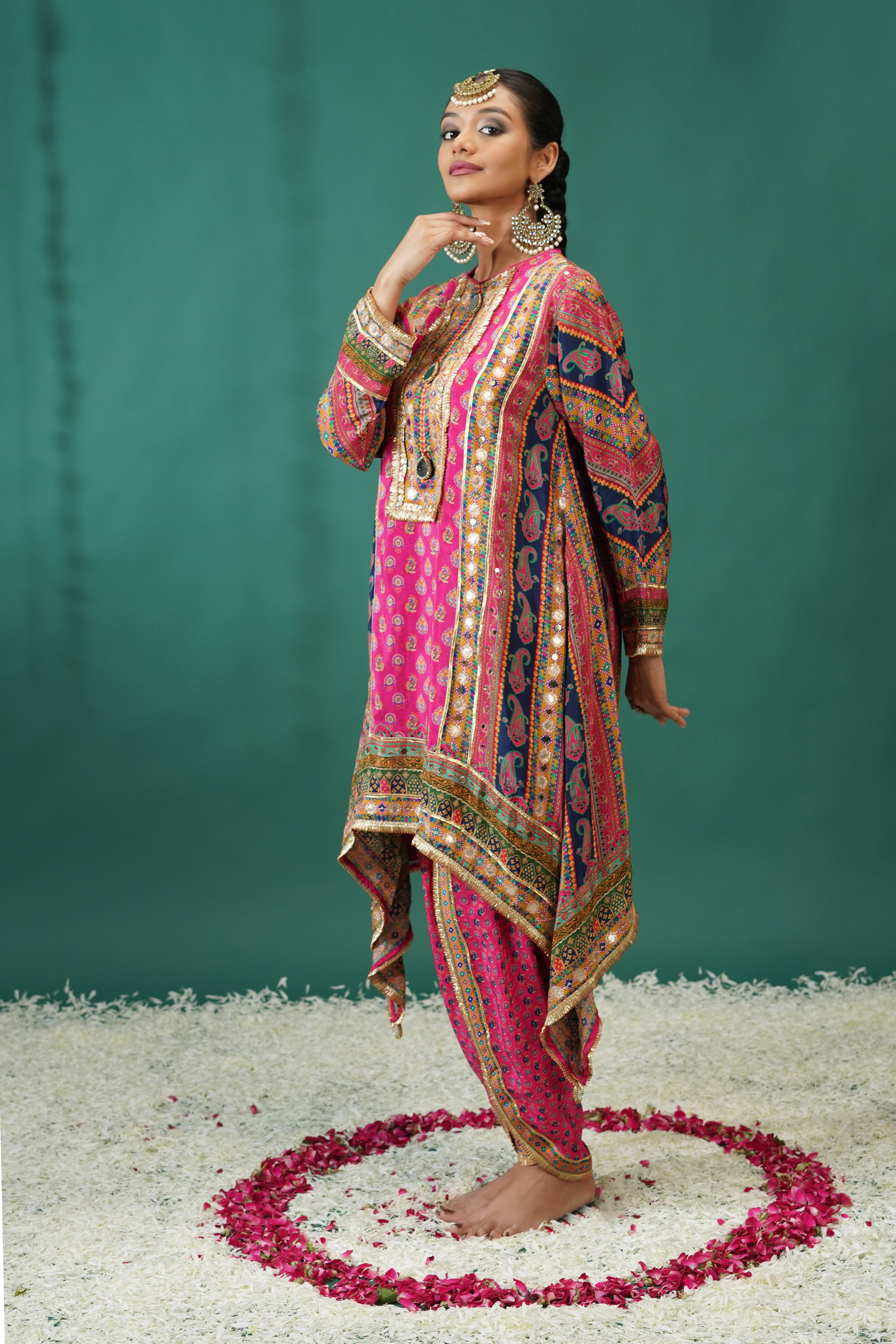 Bright Pink Traditional Printed Crepe Silk Dhoti Set